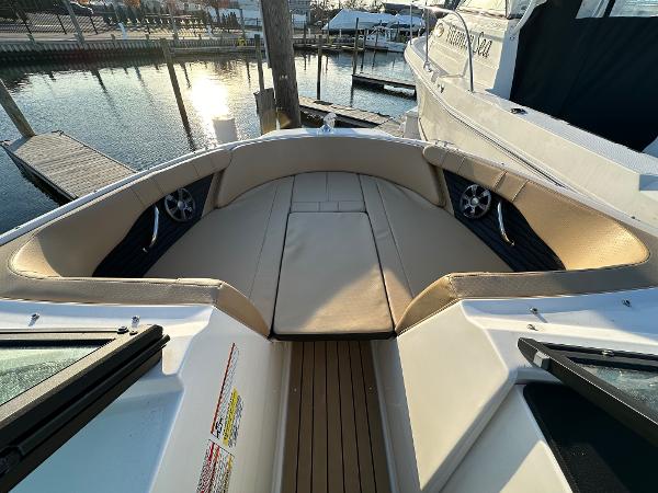 Interior view of 2021 Sea Ray SPX 190 boat at the marina.