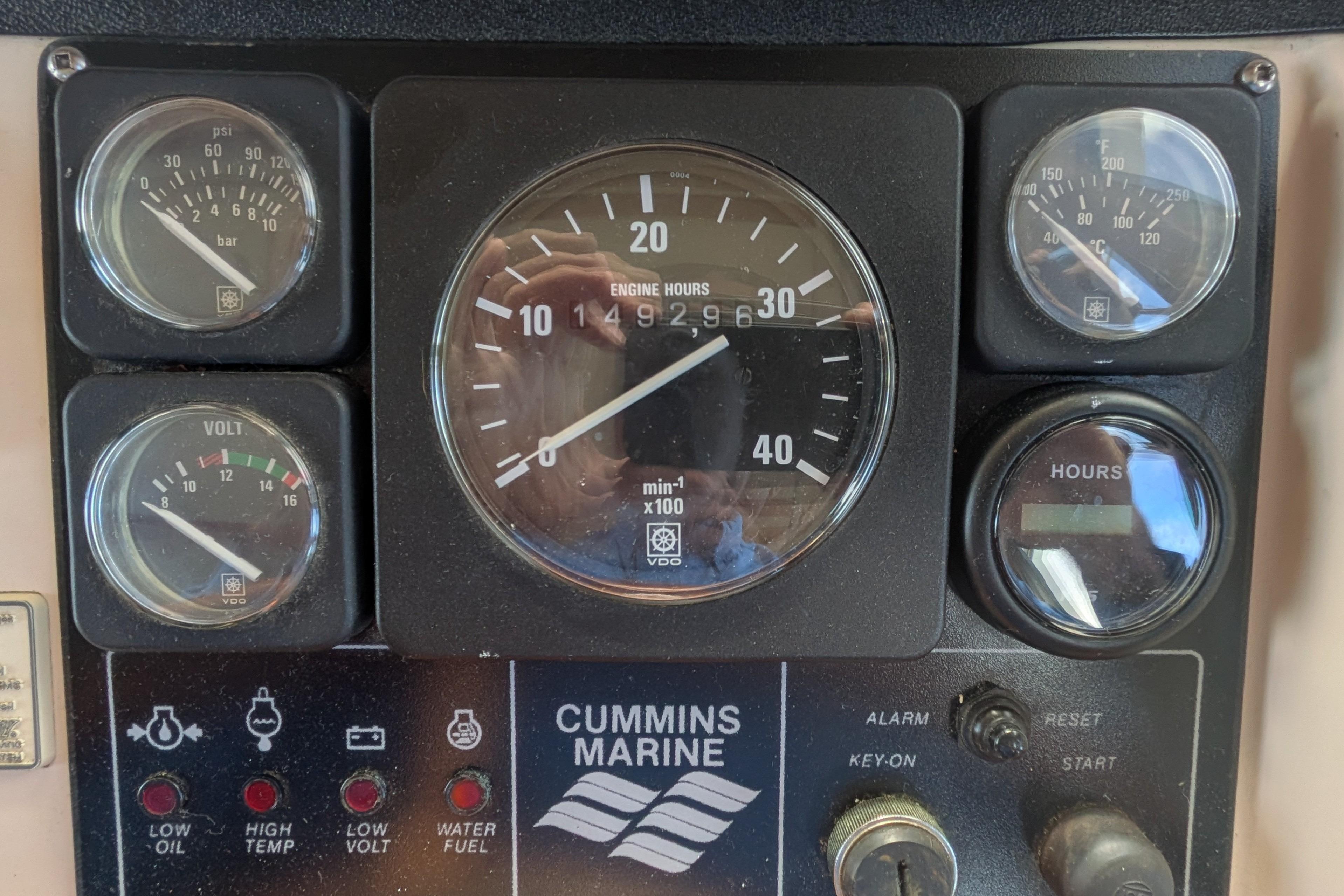 Instrument panel of a 1998 Nordic Tug 32 with Cummins Marine gauges.