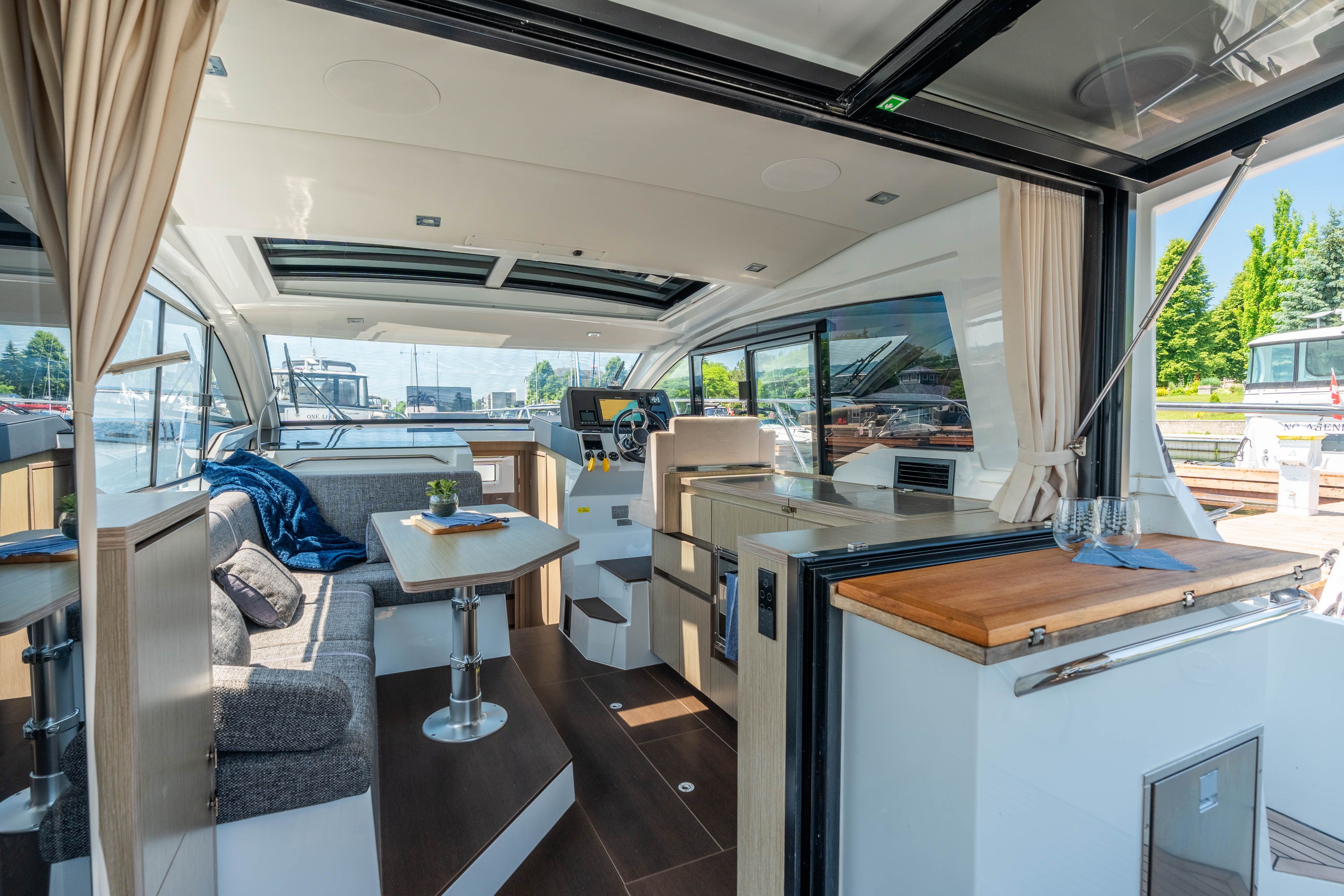 Interior of the 2023 Sealine C335V with modern design and comfortable amenities.