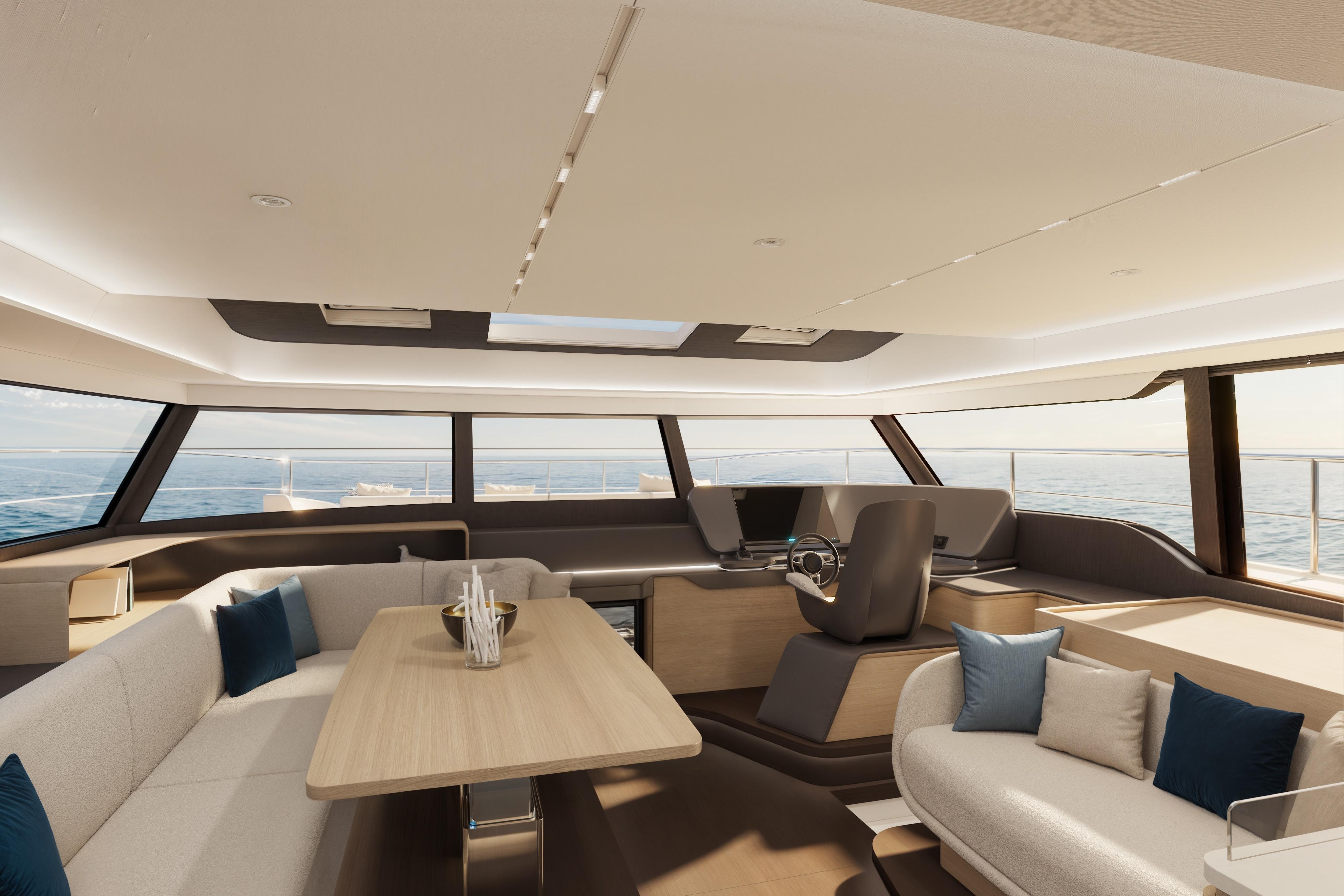 Luxurious interior of 2026 Veya 53 yacht with modern seating and panoramic windows.