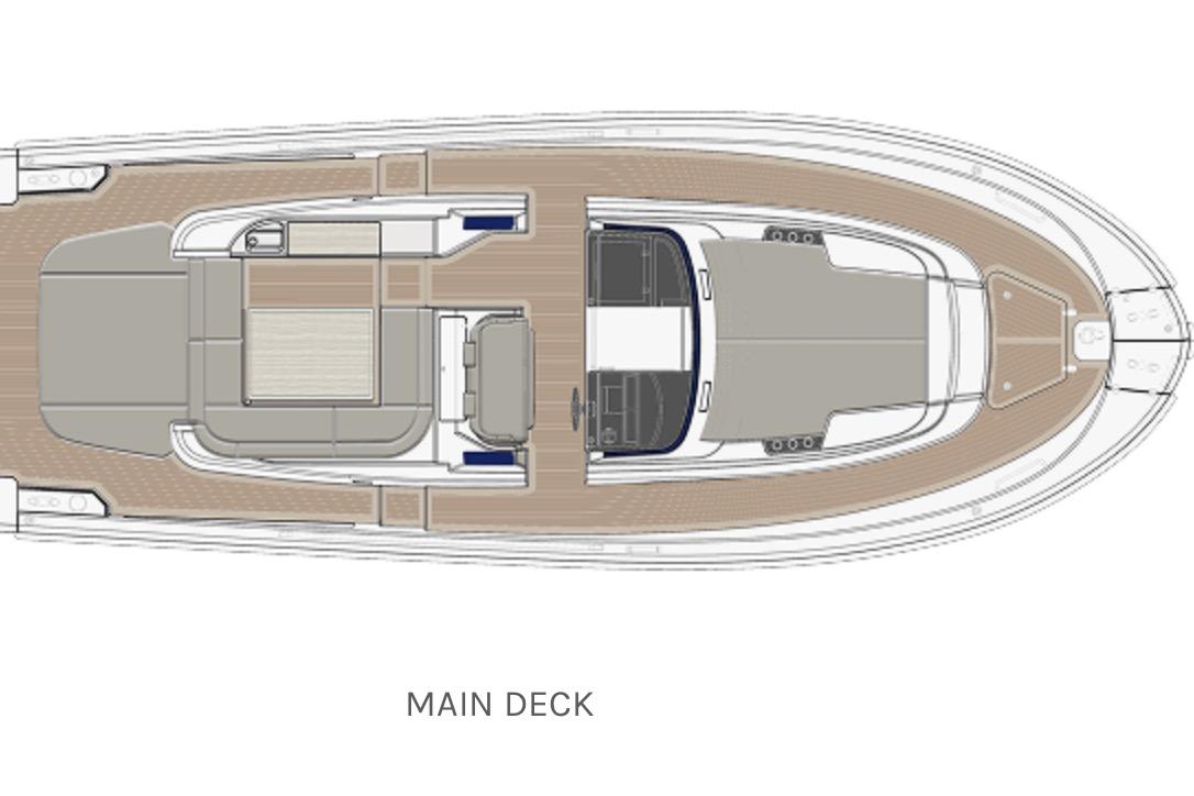 Deck plan of the 2021 Bluegame BG 42 with seating and helm area.
