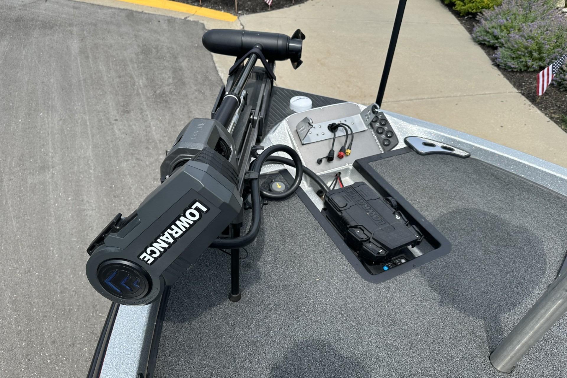 2018 Ranger Z518 boat with Lowrance equipment on deck, showcasing advanced fishing technology.