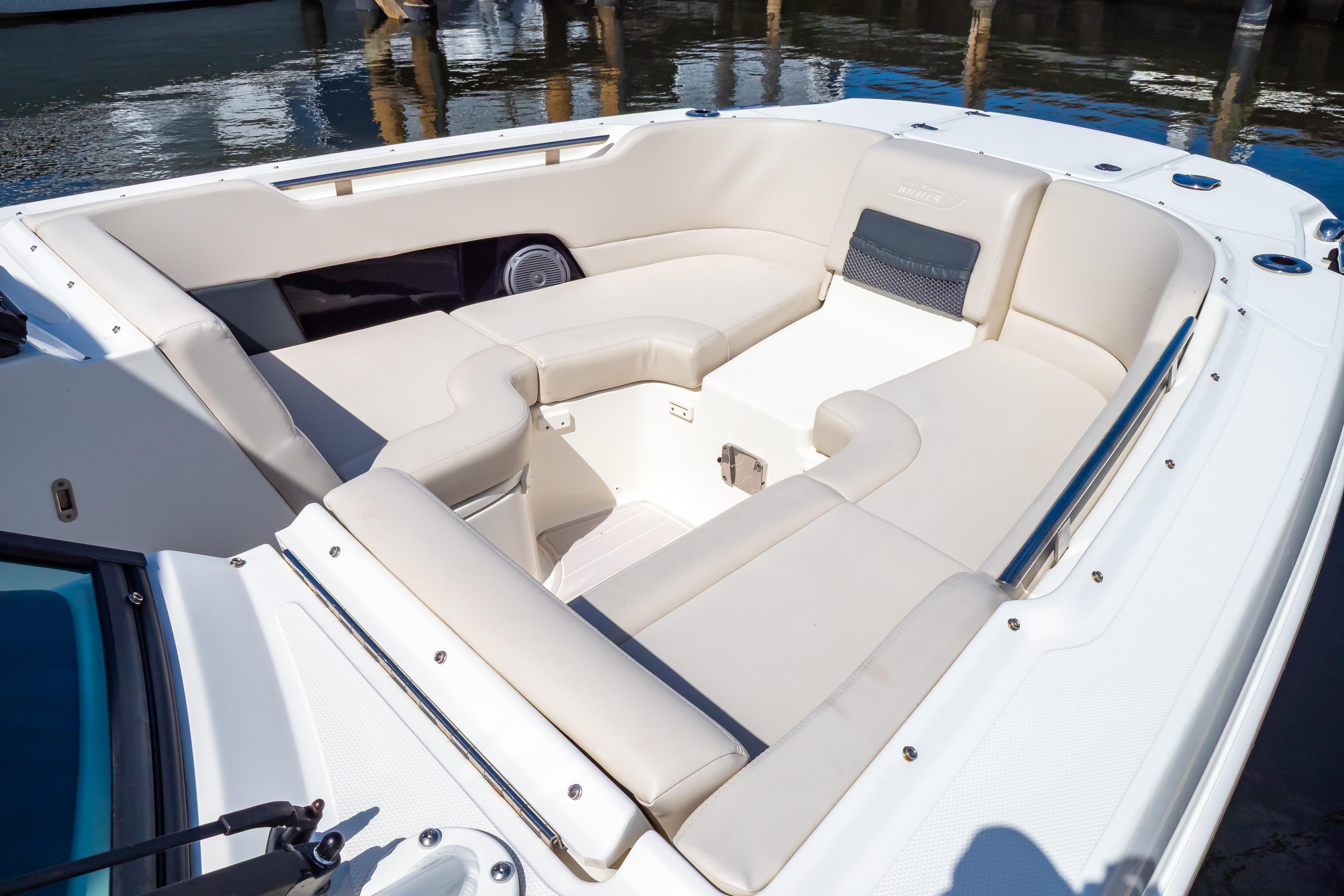 2019 Boston Whaler 270 Vantage boat interior with spacious seating and sleek design.