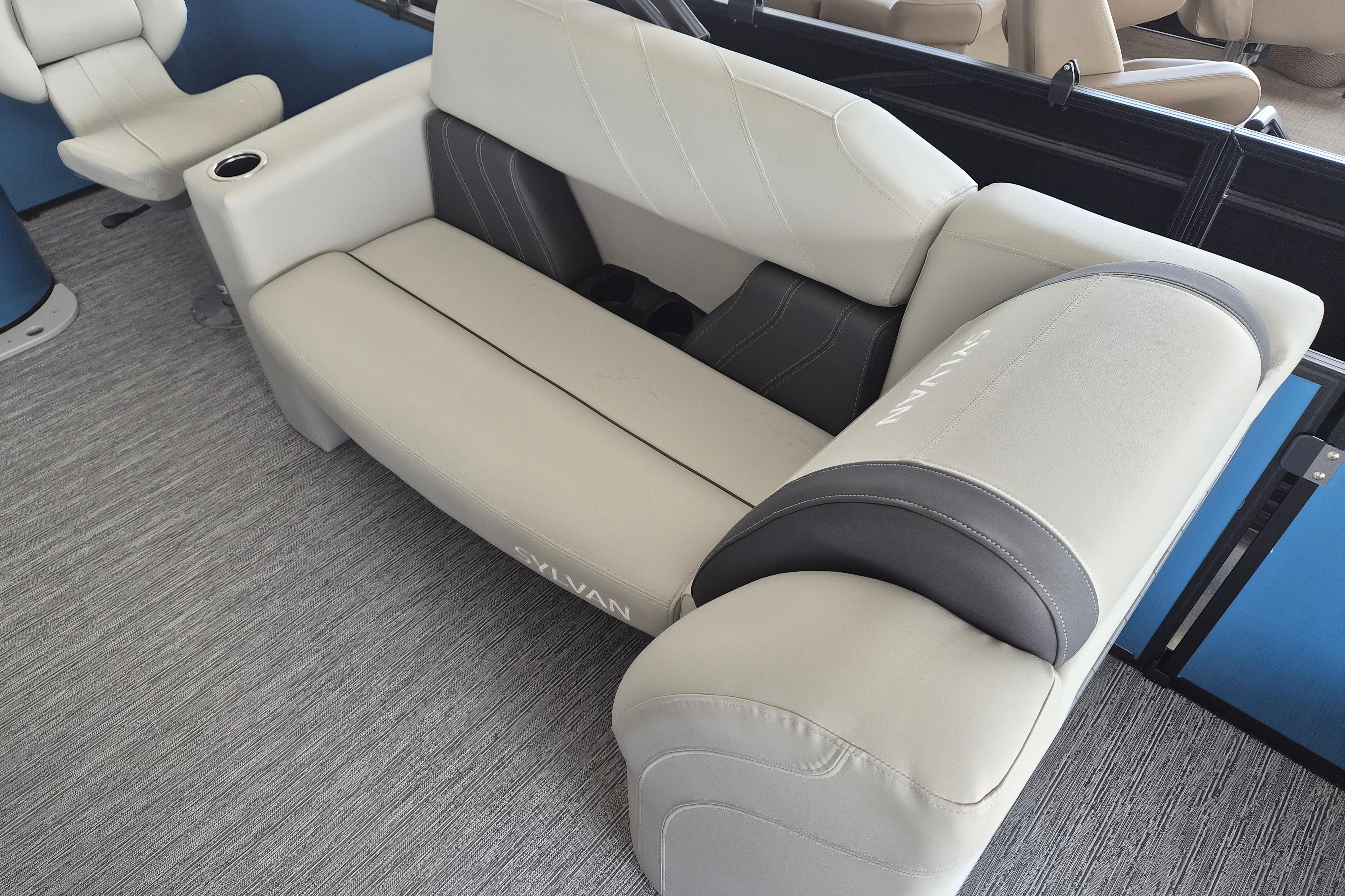 Luxurious seating on 2026 Sylvan Mirage Fish 820 Party Fish boat.