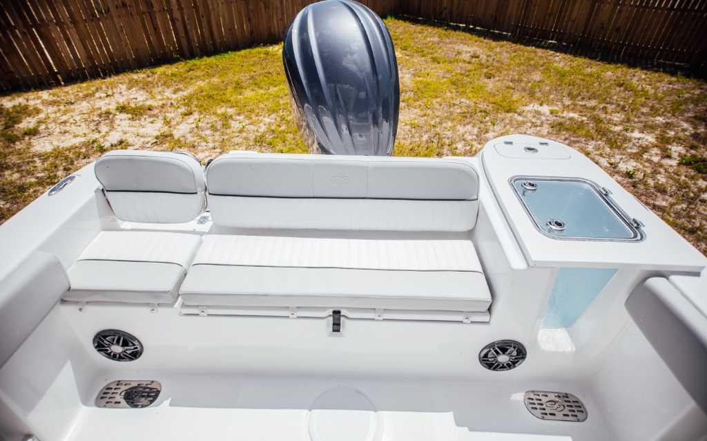 2021 Sea Fox 248 Commander boat interior with seating and storage compartments.