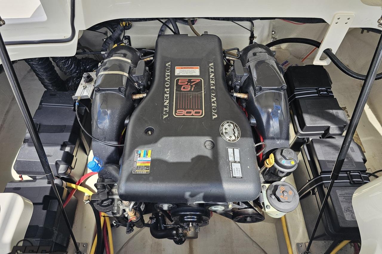 Volvo Penta engine in 2010 Cobalt 232 WSS boat, detailed view.
