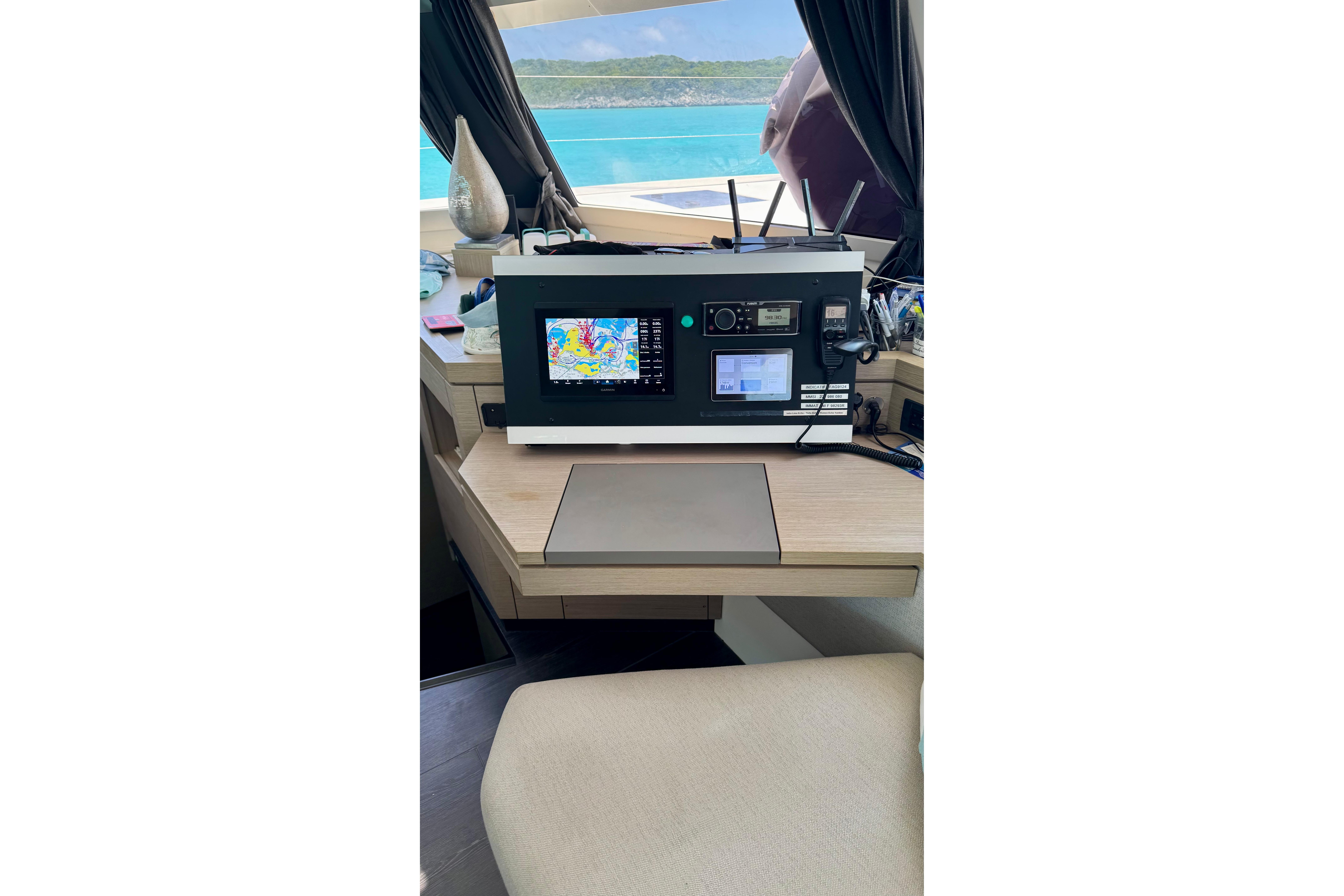 Navigation station on 2020 Fountaine Pajot Saona 47 catamaran with ocean view.