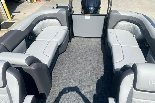 Interior of 2026 Godfrey Sweetwater 2286 SBC pontoon boat with gray seating and flooring.