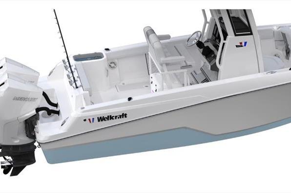 2026 Wellcraft 243 Fisherman boat, side view, white and blue.