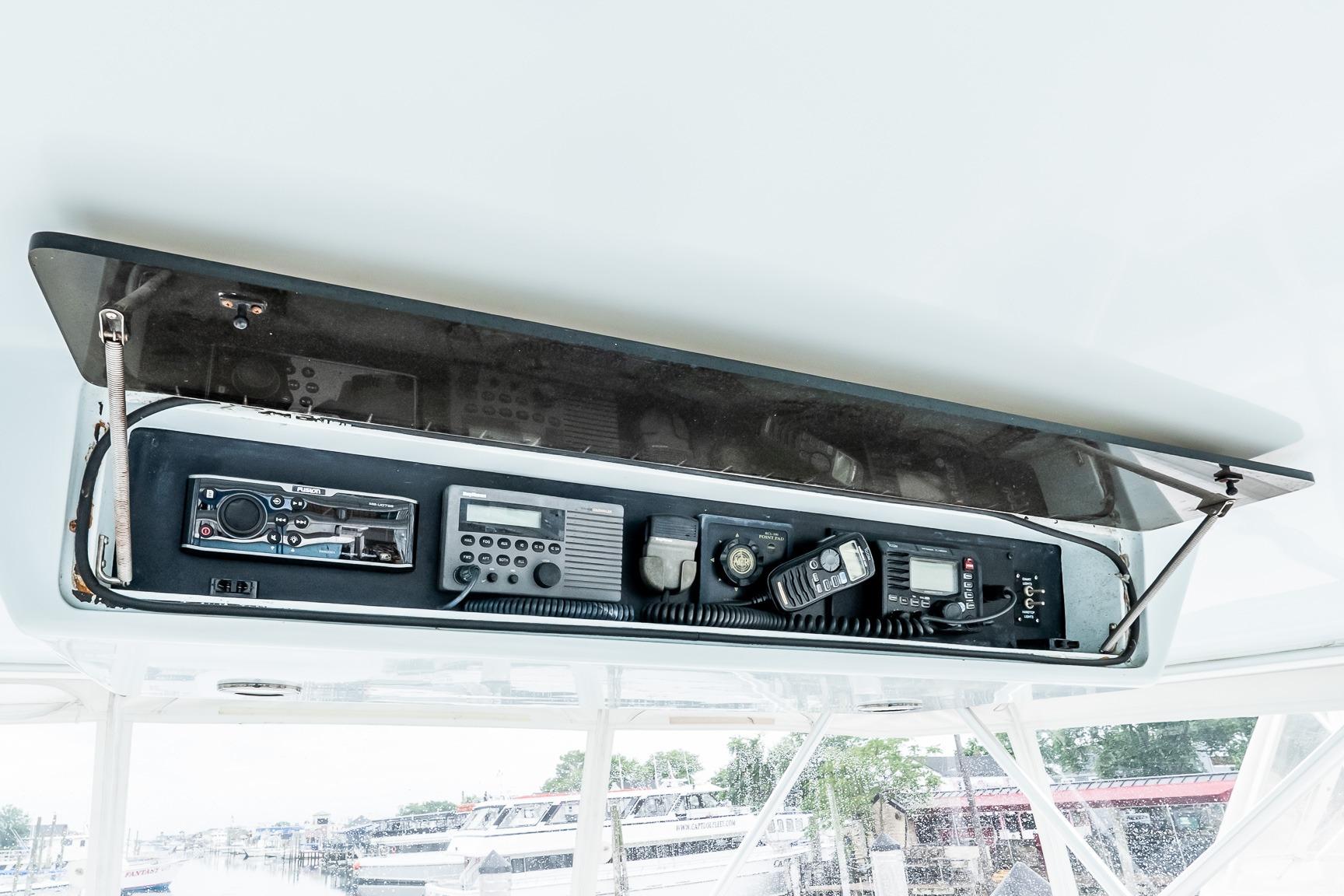 Control panel of a 2000 Viking 50' Convertible yacht with various navigation instruments.
