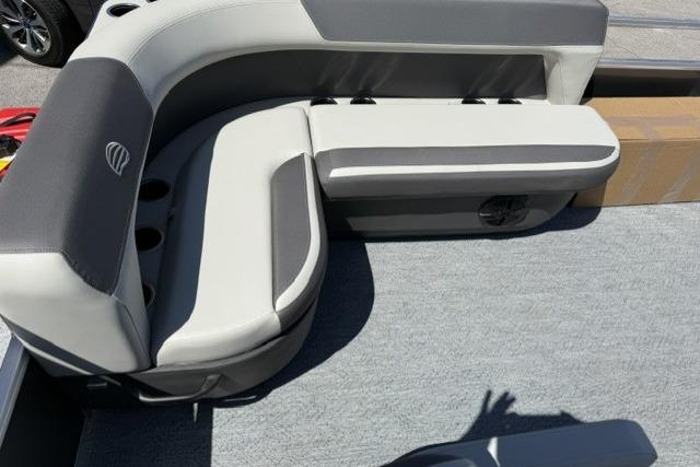 2026 Sun Tracker Bass Buggy 16 XL Select boat interior with gray seating and cup holders.