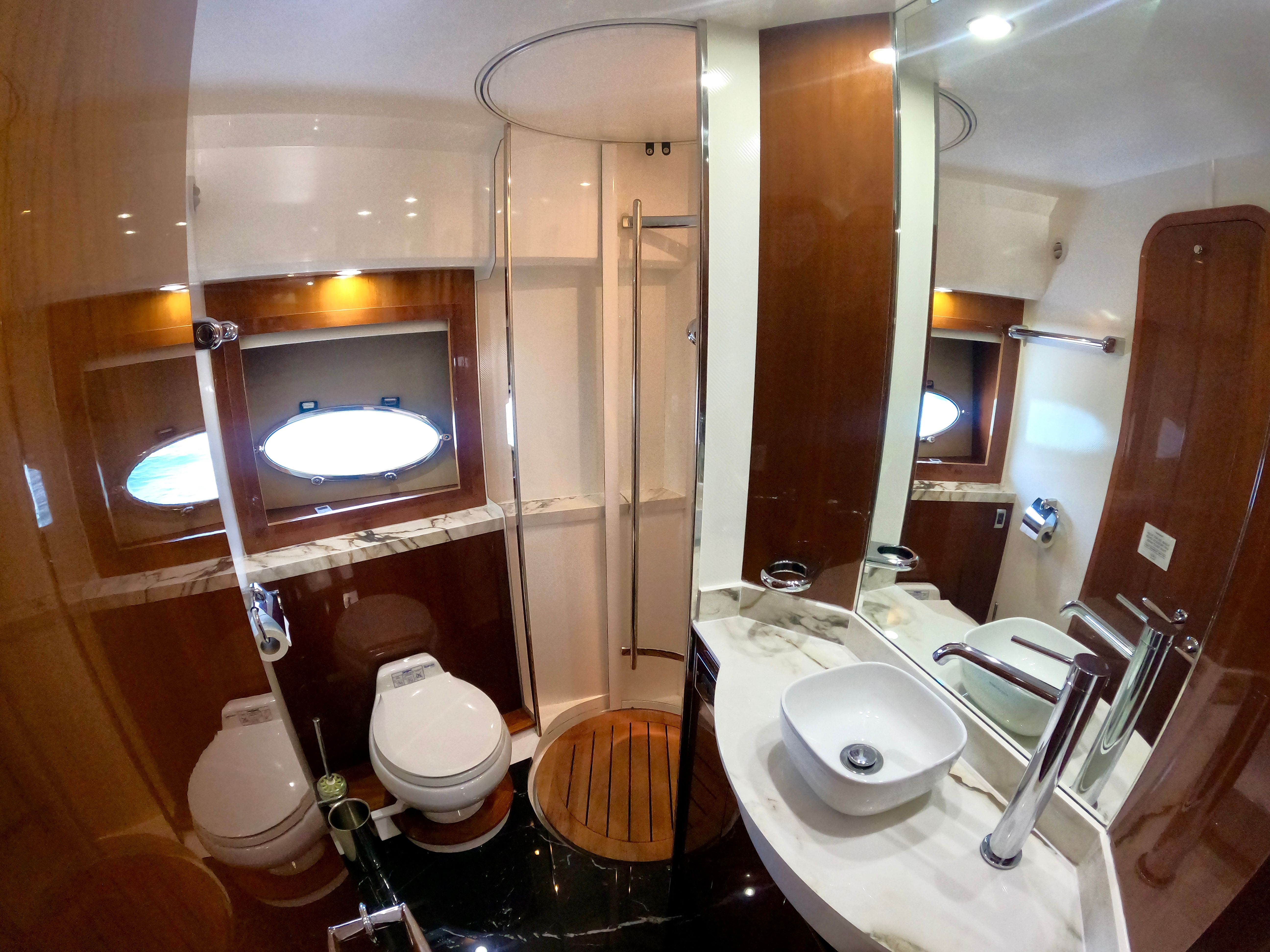 Luxurious bathroom on the 2009 Viking Princess F54 Flybridge yacht.
