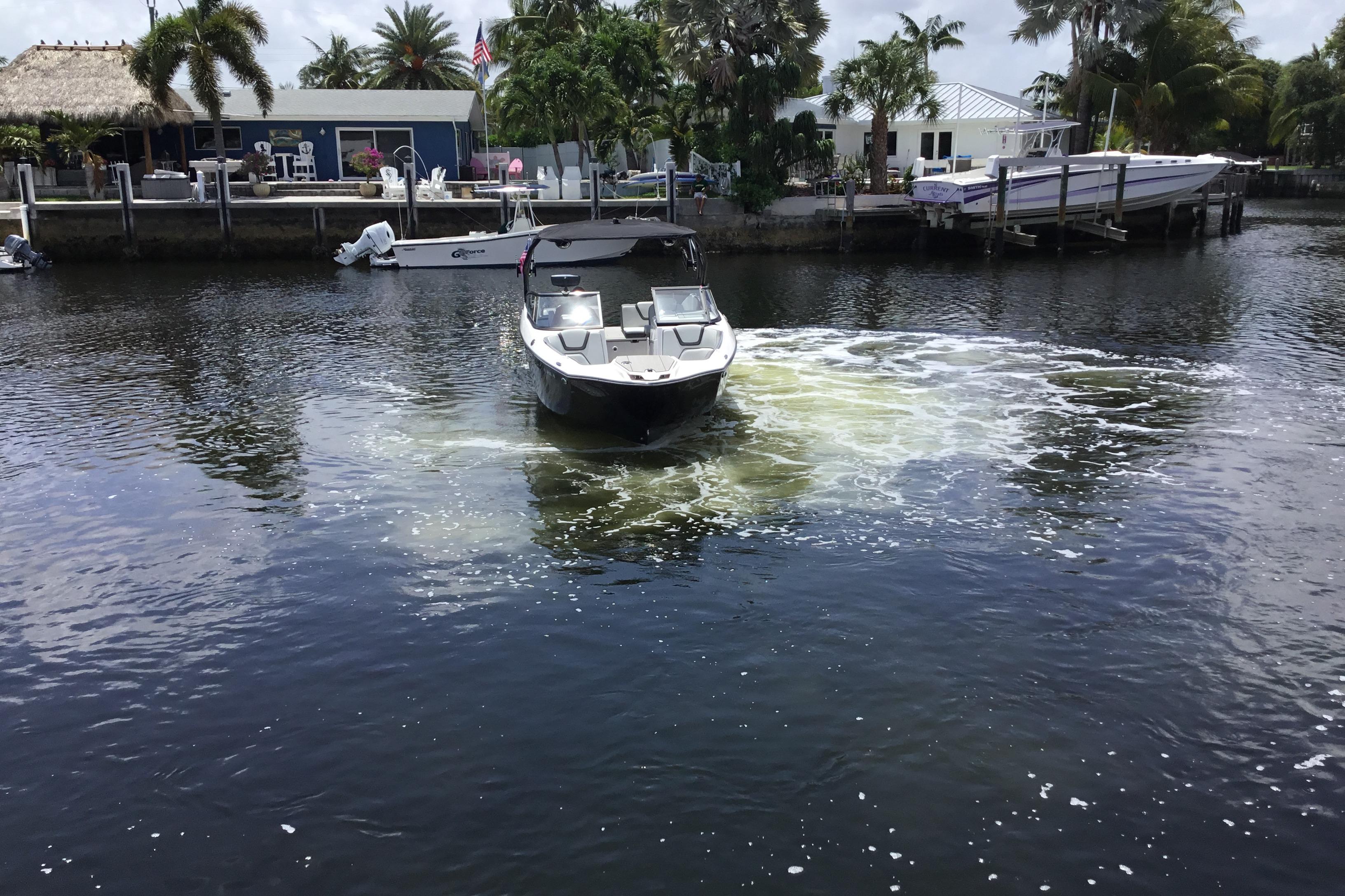 2023 Yamaha Boats 252XE navigating a calm waterway near a dock with palm trees.