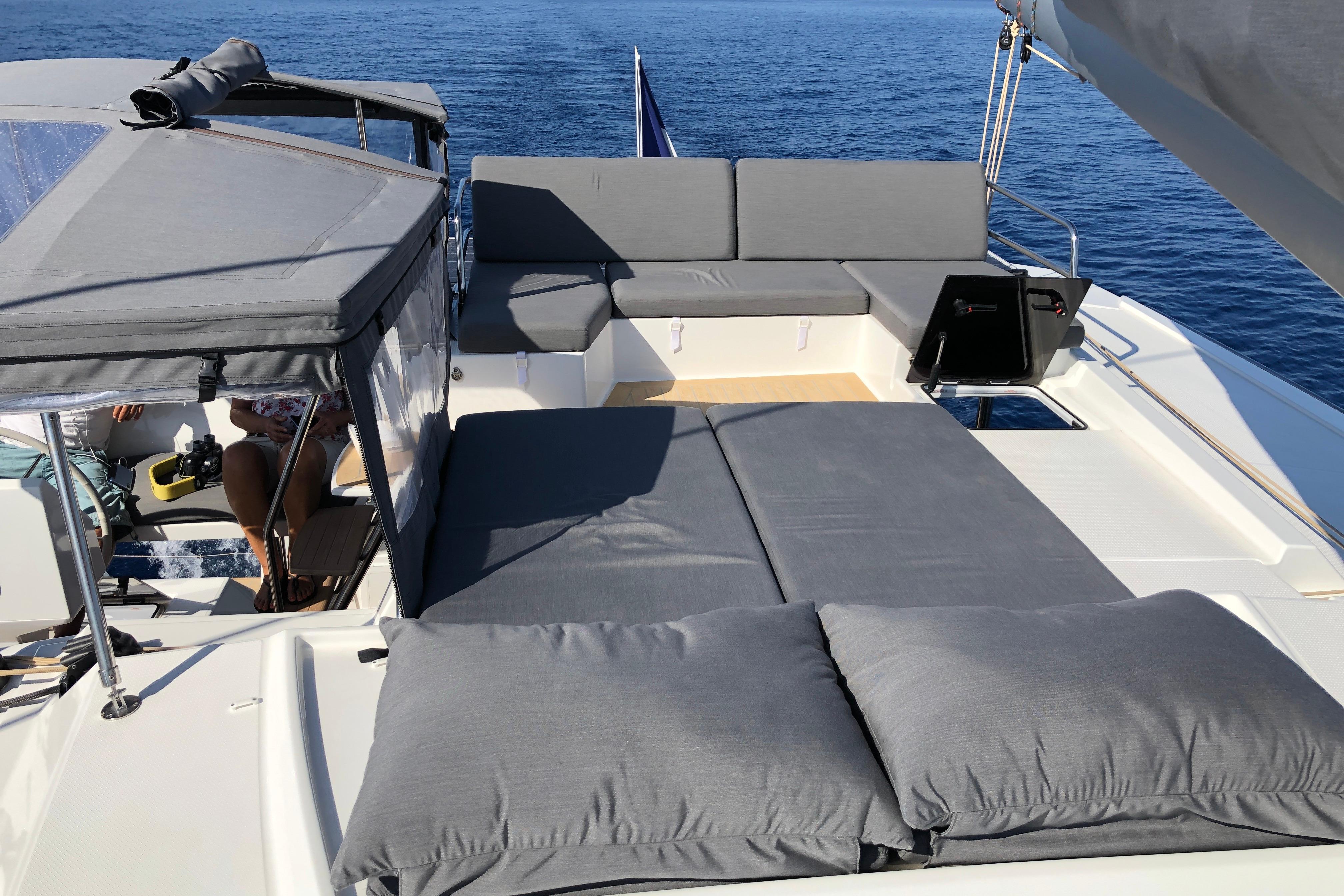 2020 Fountaine Pajot Saona 47 catamaran with spacious deck and comfortable seating.