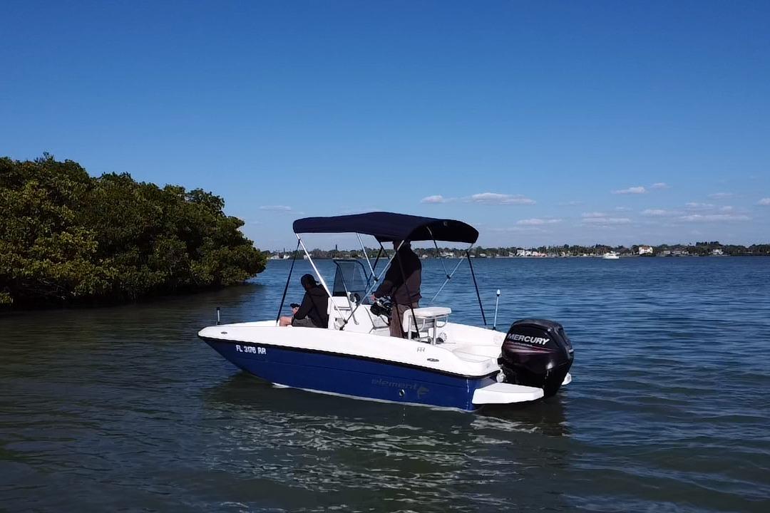 2018 Bayliner Element F16 boat on calm water, with canopy and Mercury outboard motor.