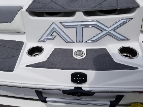 2023 ATX Surf Boats 20 Type-S rear deck with logo and cup holders.