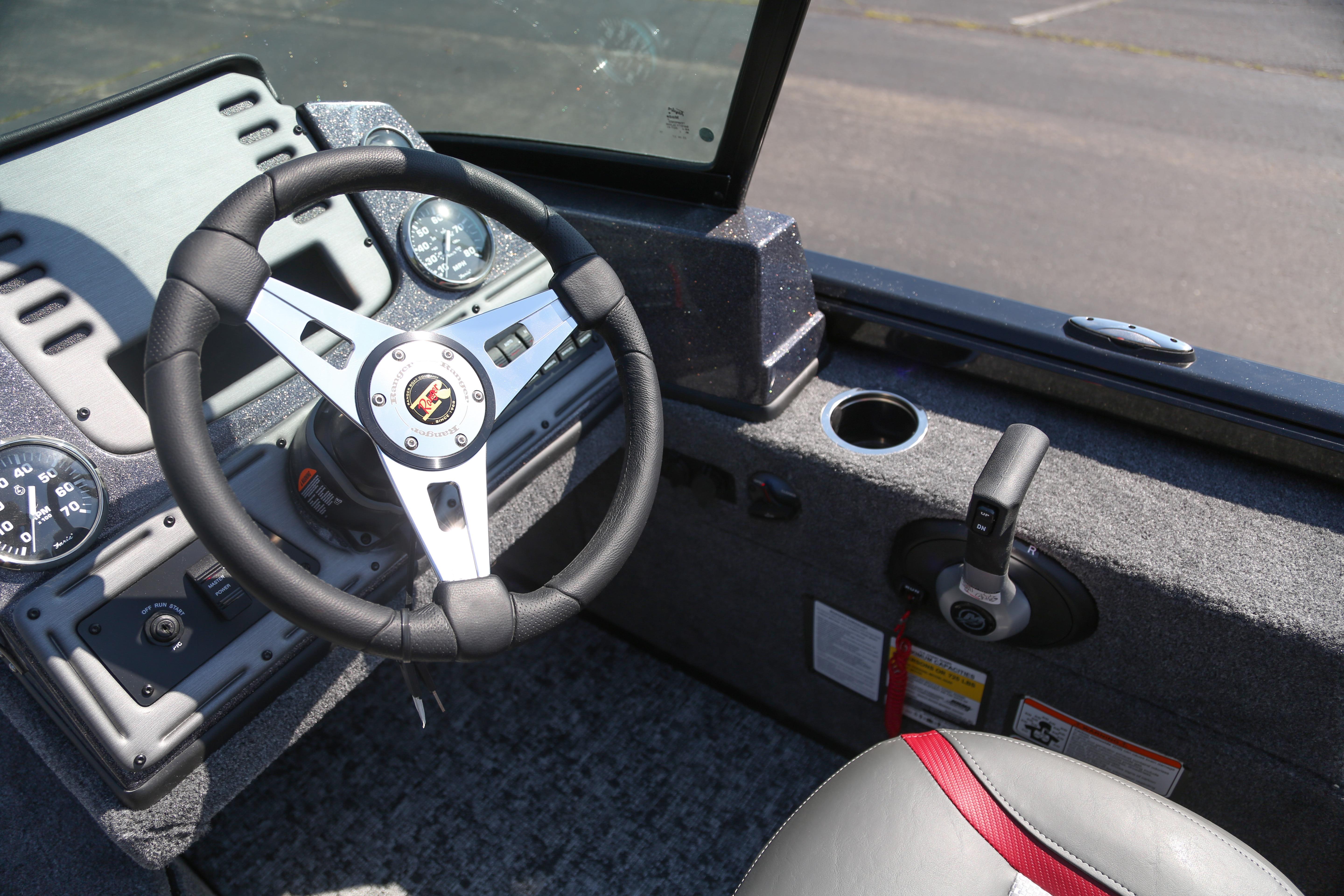 2026 Ranger VS1682SC Angler boat cockpit with steering wheel and control panel.