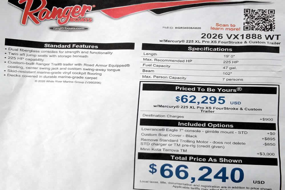 2026 Ranger VX1888 WT boat specifications and pricing details sheet.