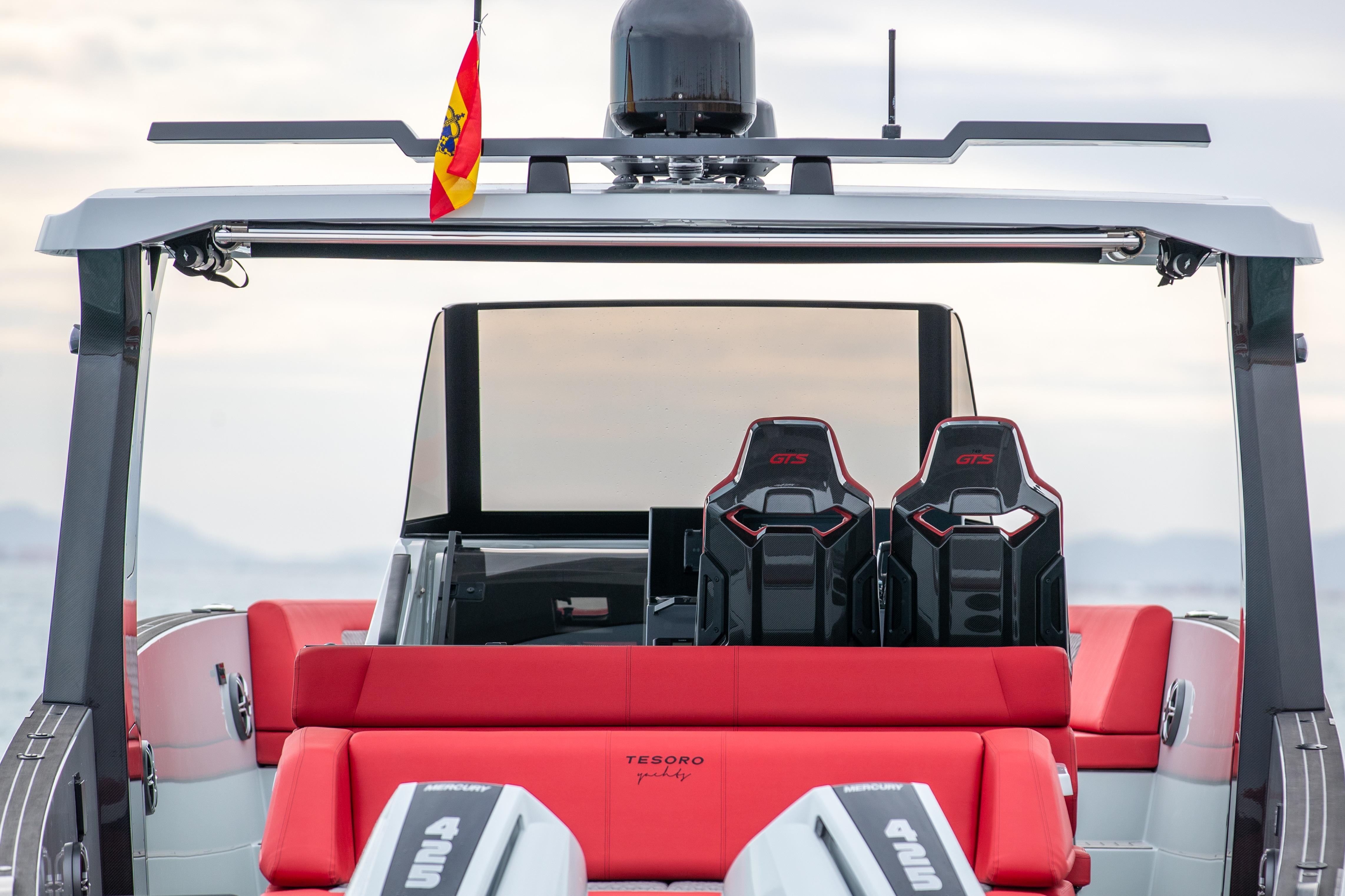 Tesoro 40 GTS 2026 with red interior and Spanish flag.