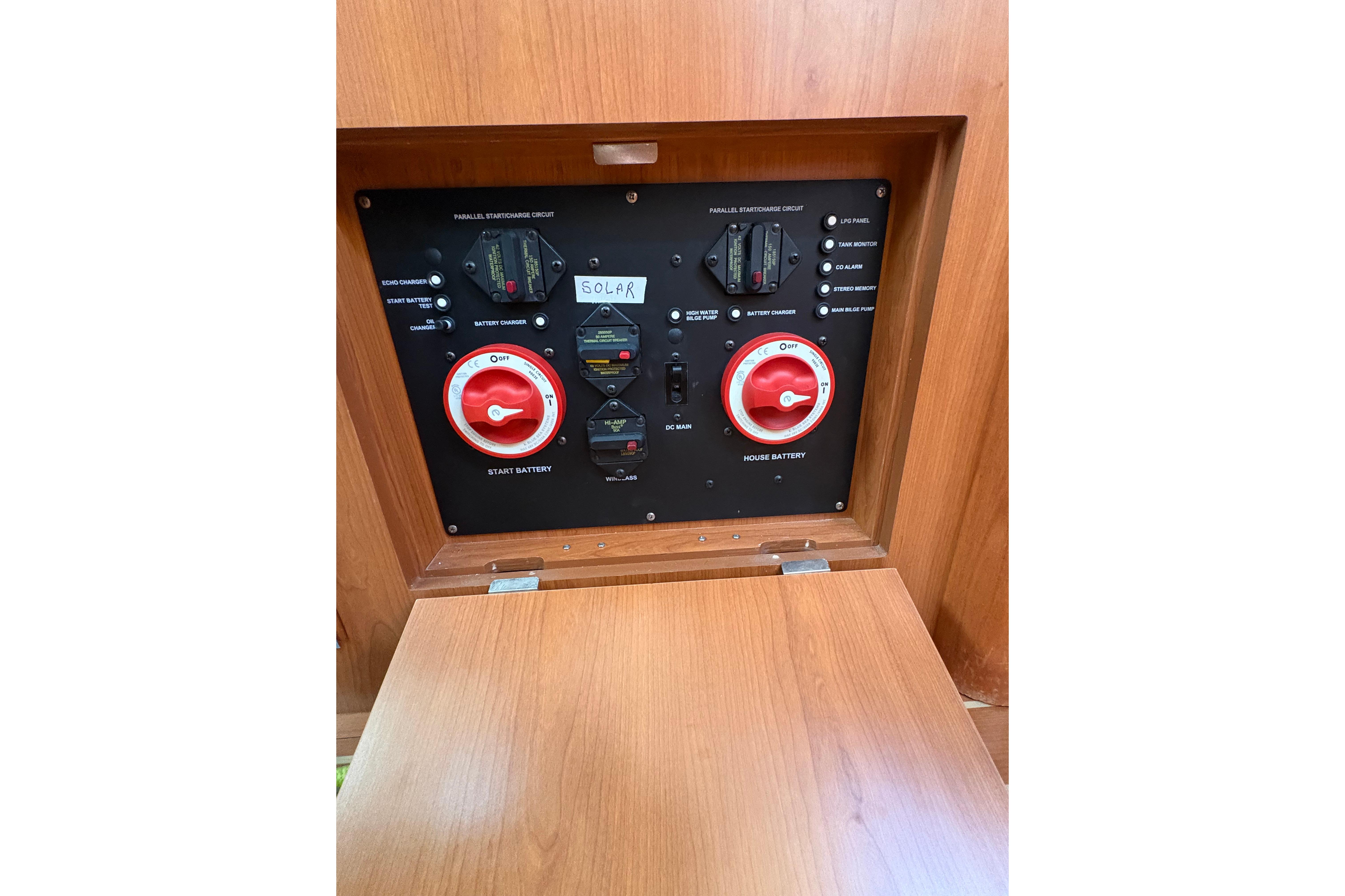 Electrical control panel on a 2009 Hunter 41 Deck Salon sailboat.