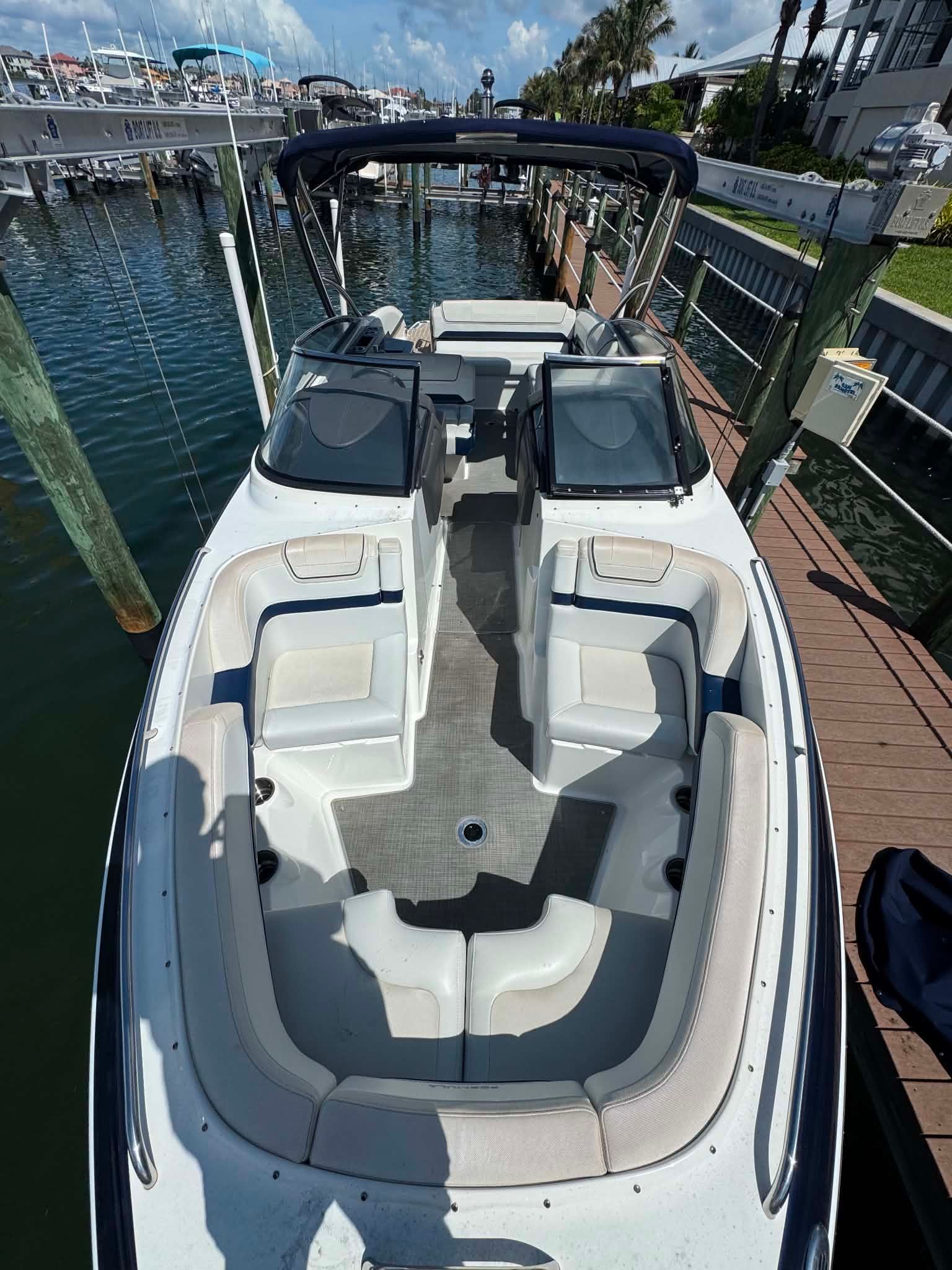 2018 Formula 270 Bowrider boat at dock, interior view.