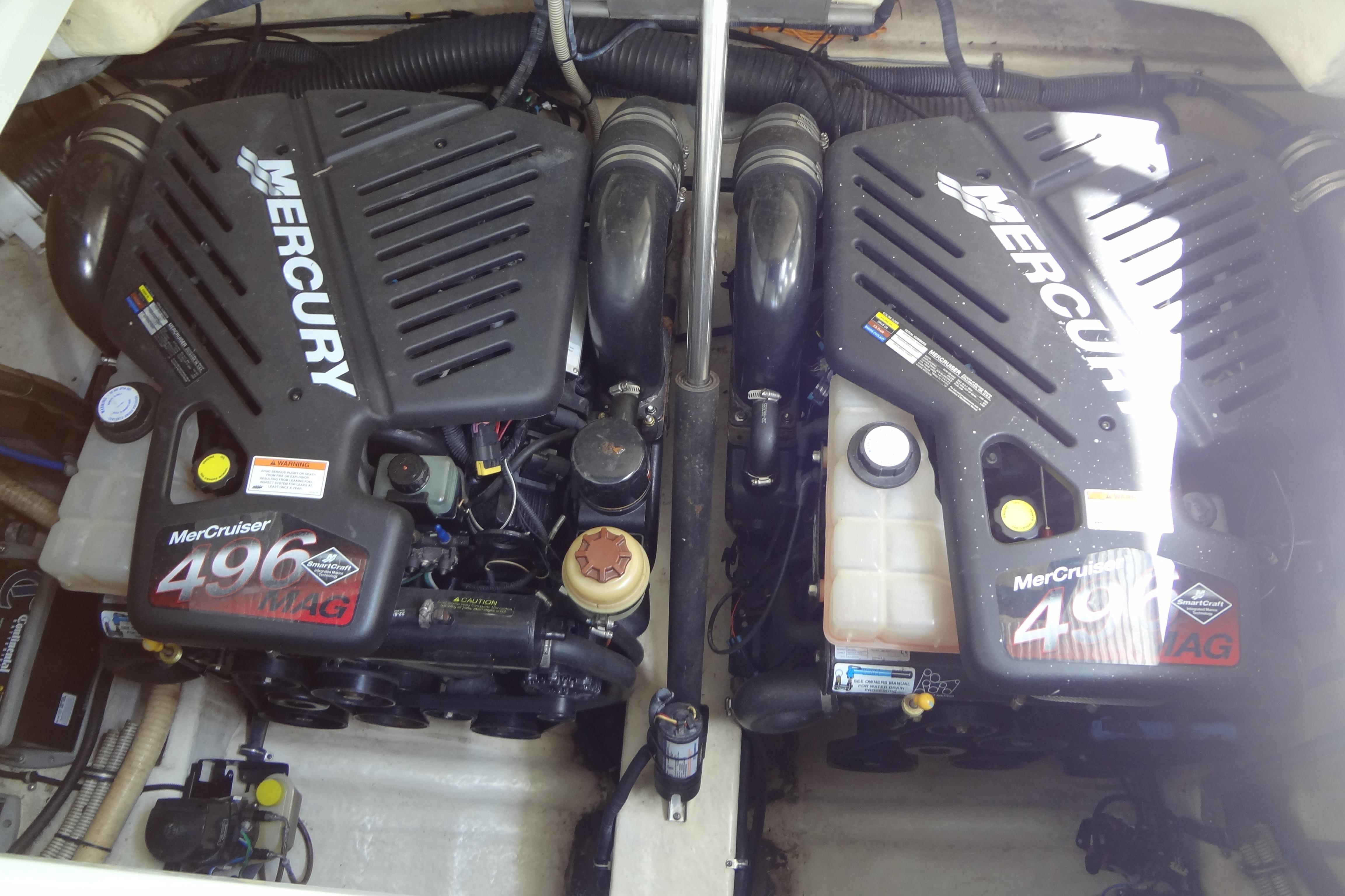 Twin MerCruiser 496 MAG engines in a 2007 Formula 34 Performance Cruiser.