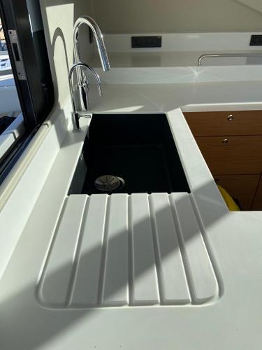Modern kitchen sink in Vision 444 yacht, 2025 model.
