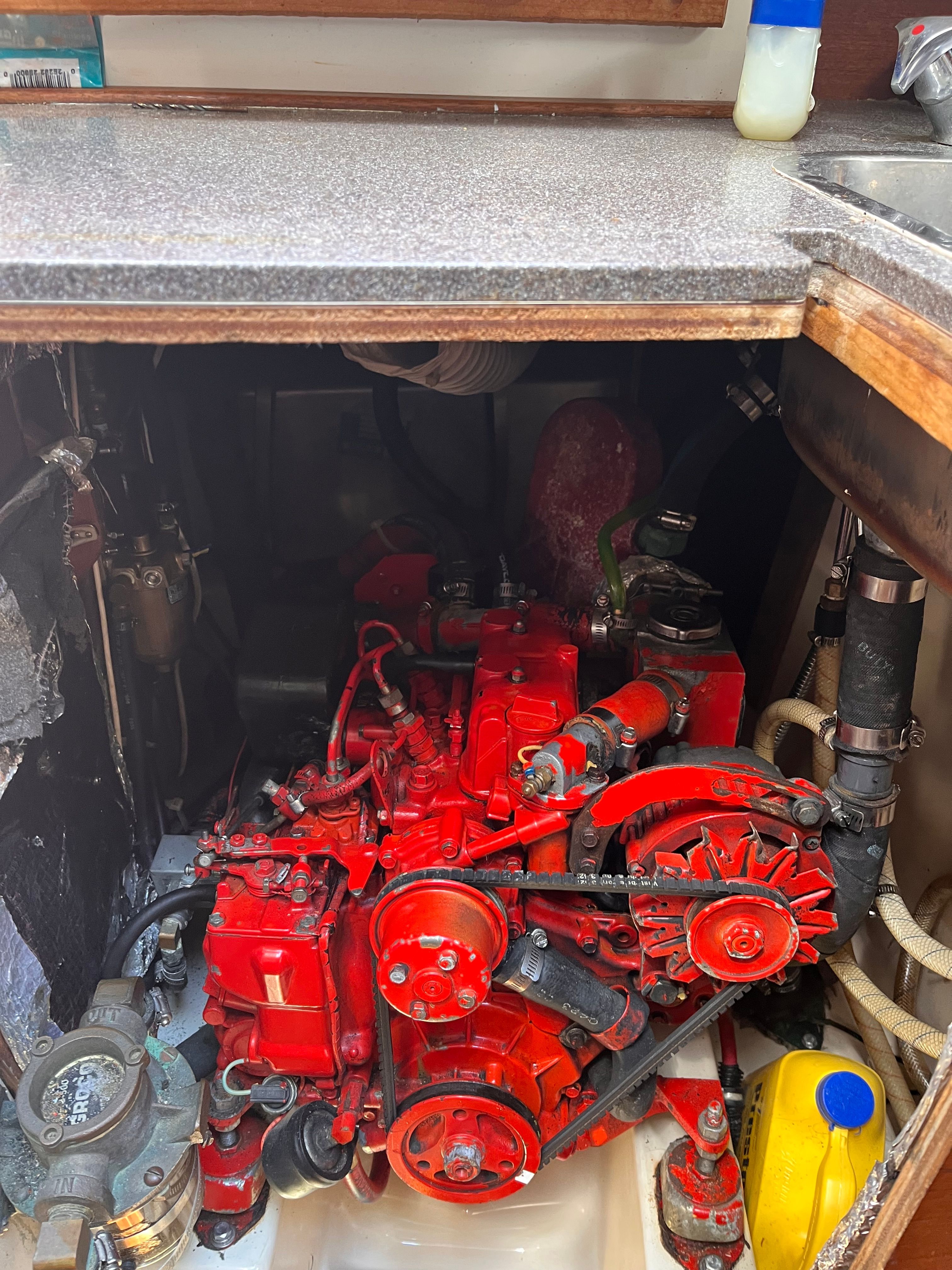 Red engine inside a 1989 Sabre 30 III boat.