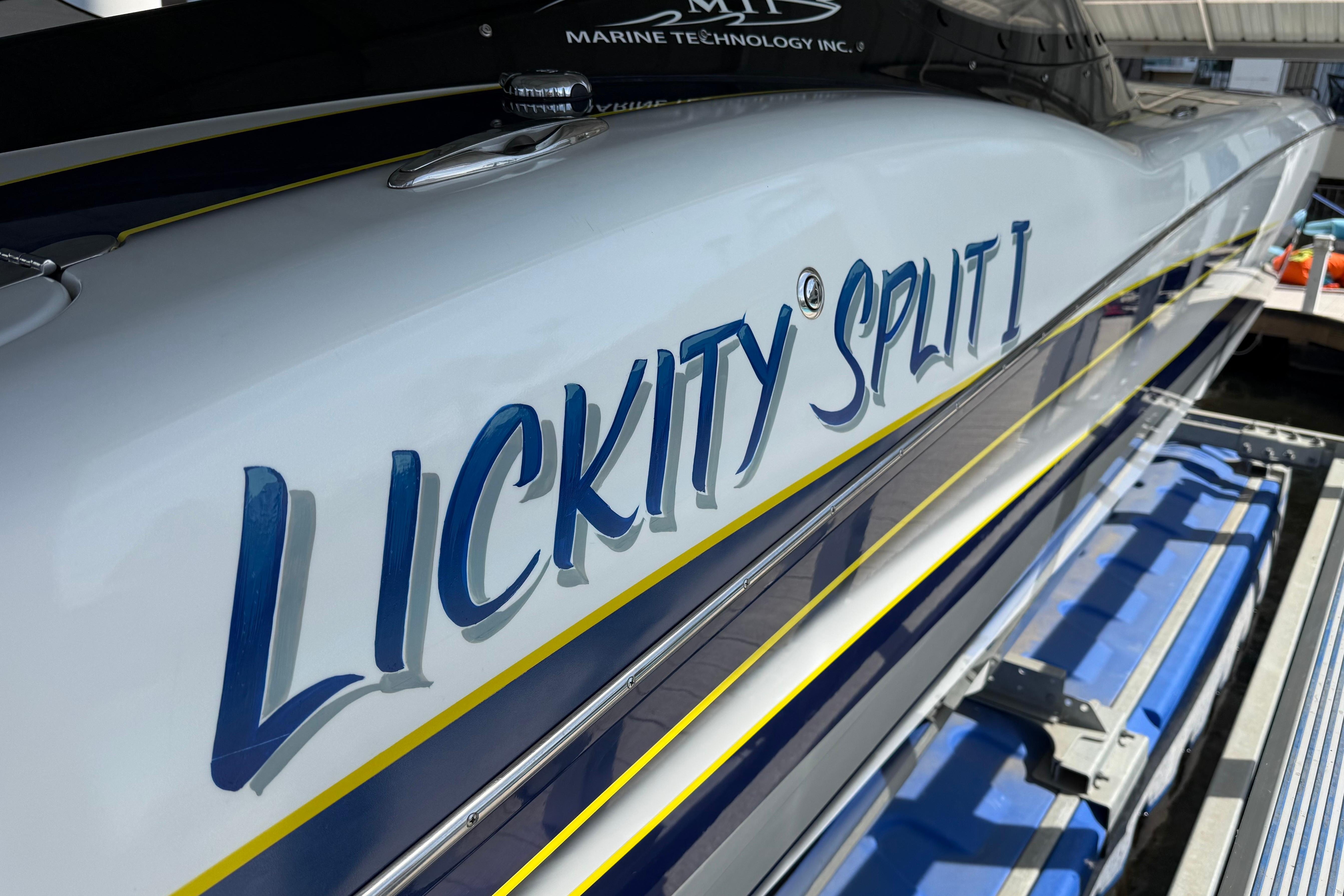 2018 MTI 340X boat with "Lickity Split I" name on the side.