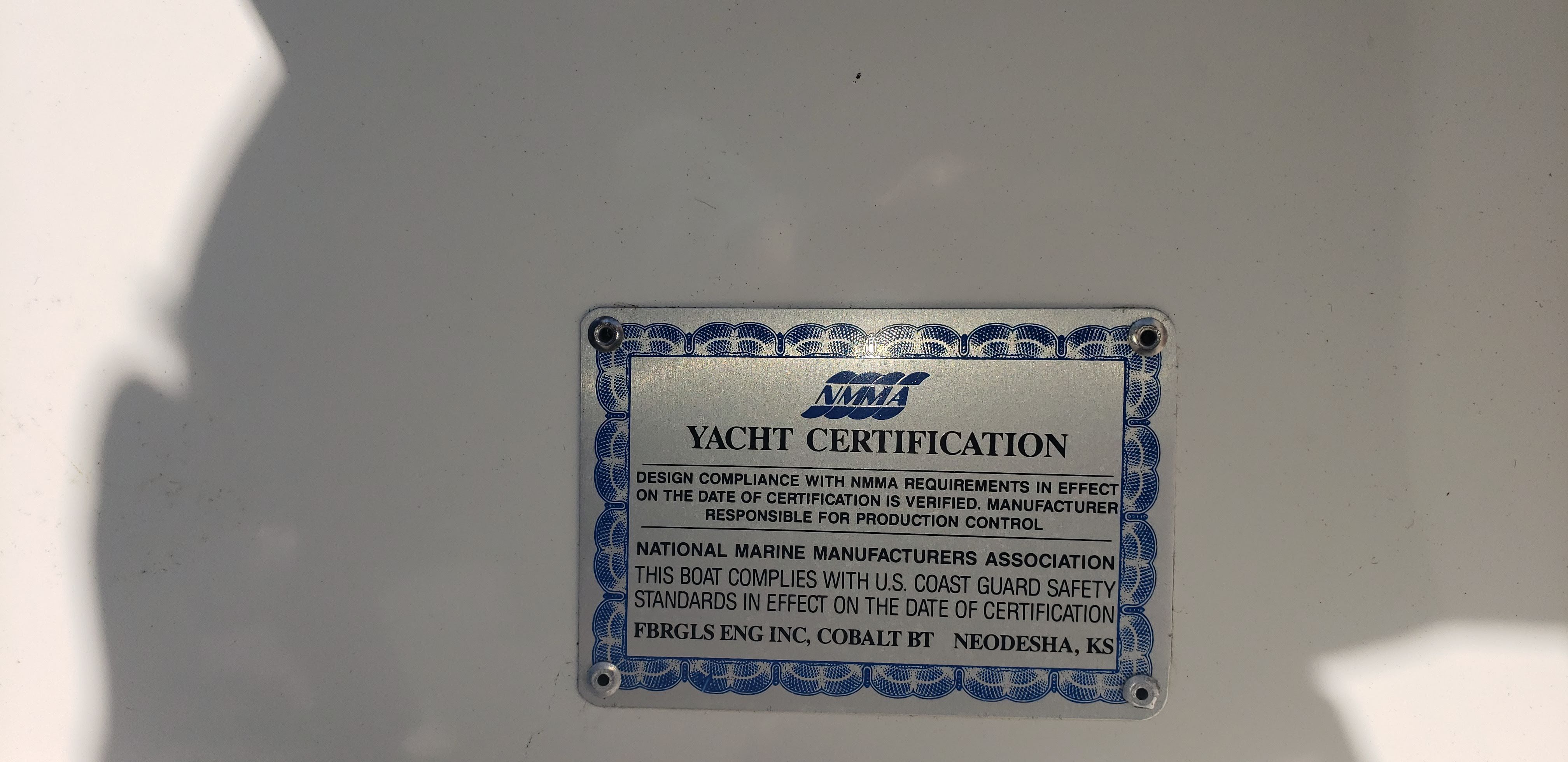 Yacht certification plaque on Cobalt 272, year 1993.