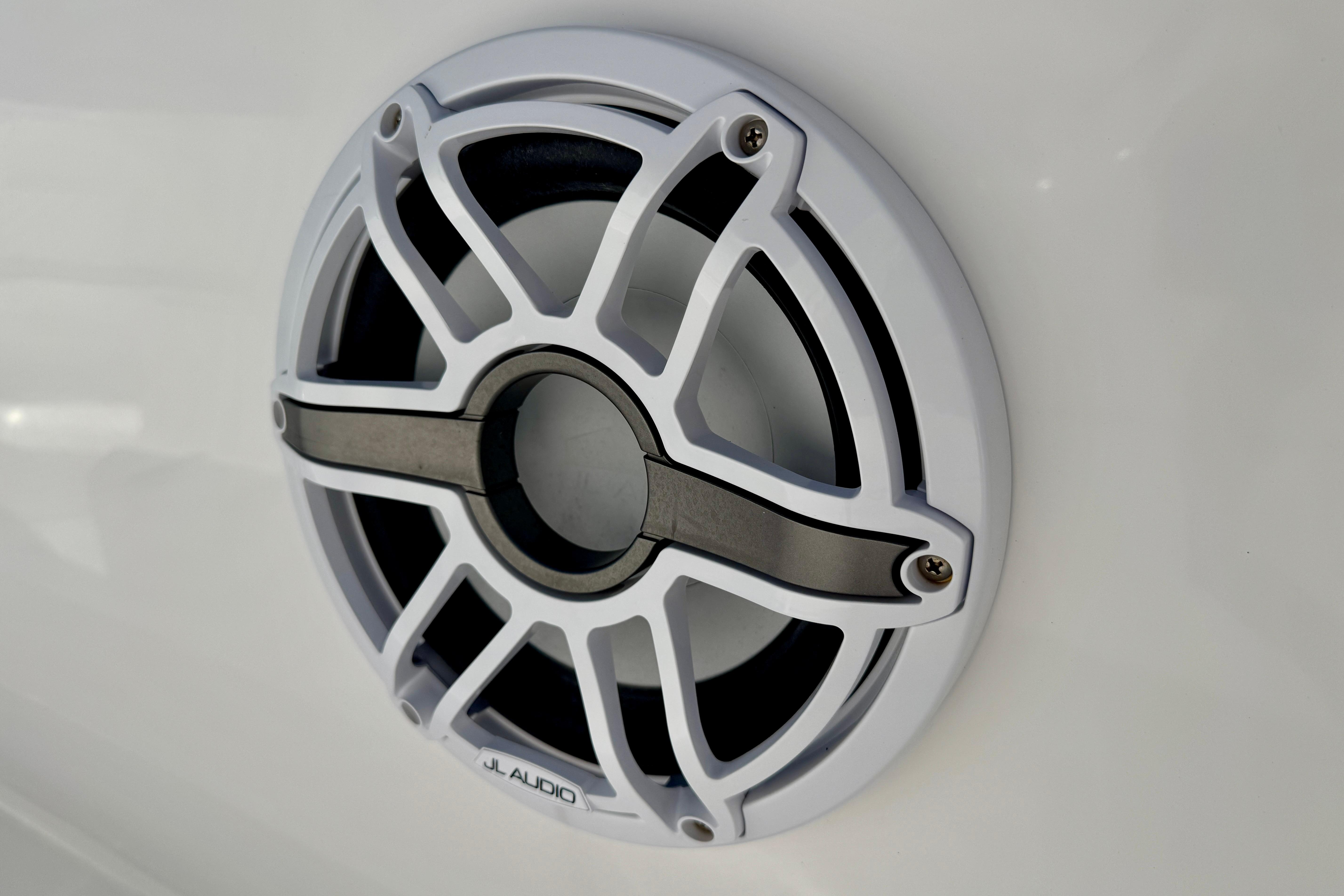 Close-up of JL Audio speaker on 2024 Intrepid 407 Nomad FE boat.
