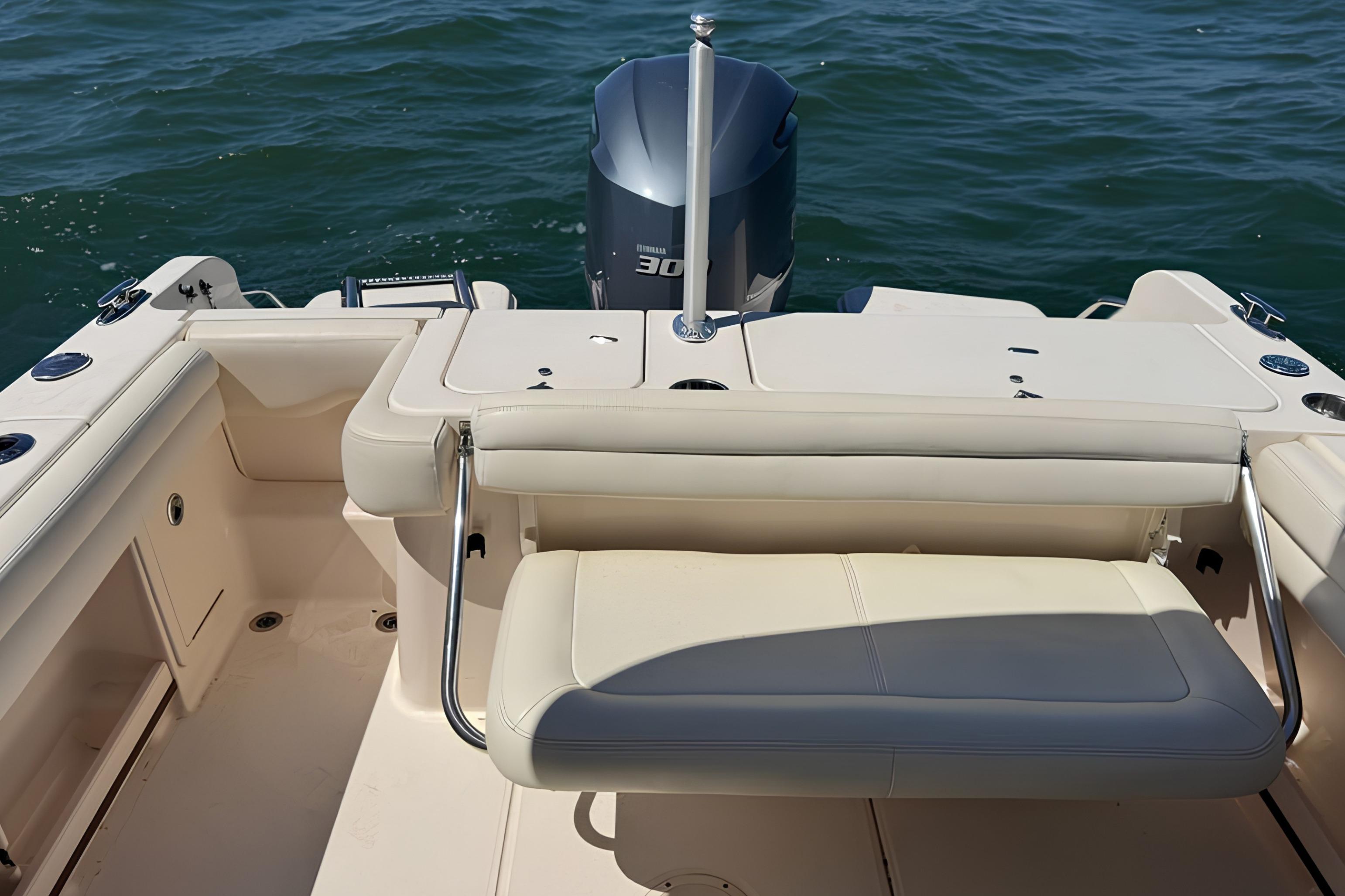 2017 Grady-White Freedom 235 boat interior with seating and Yamaha outboard motor.