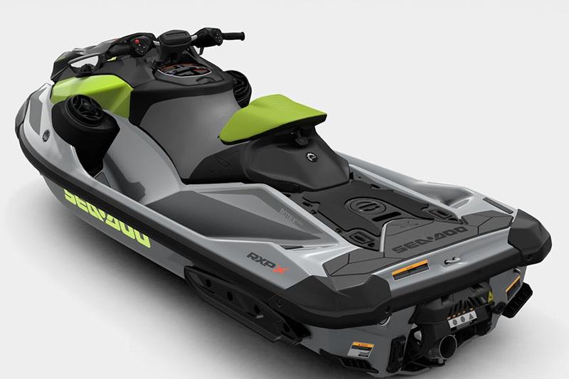 2024 Sea-Doo RXP-X 325 jet ski, gray and green, rear view.