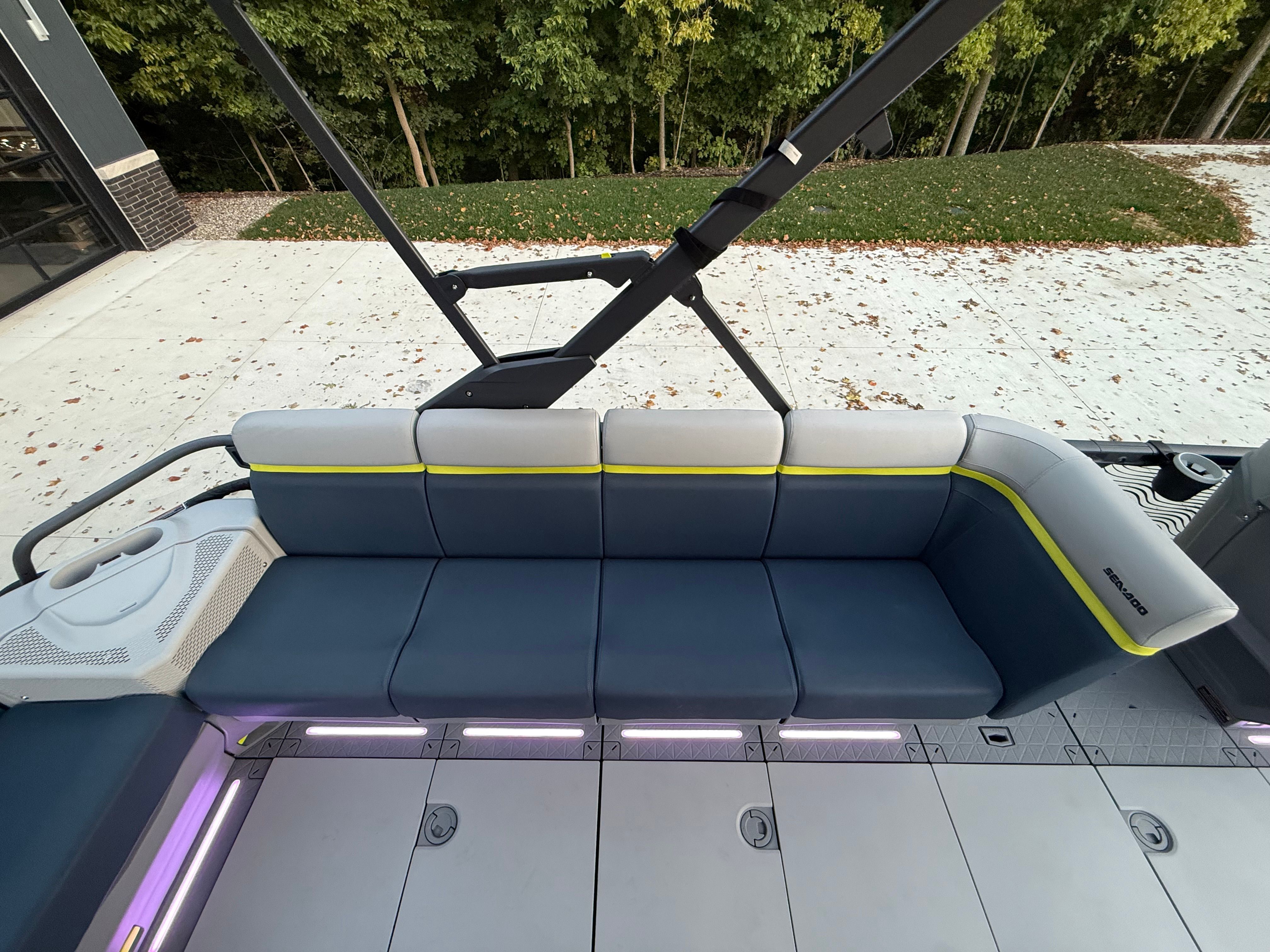 Interior of a 2025 Sea-Doo Switch Cruise Limited 21 with blue and gray seating.