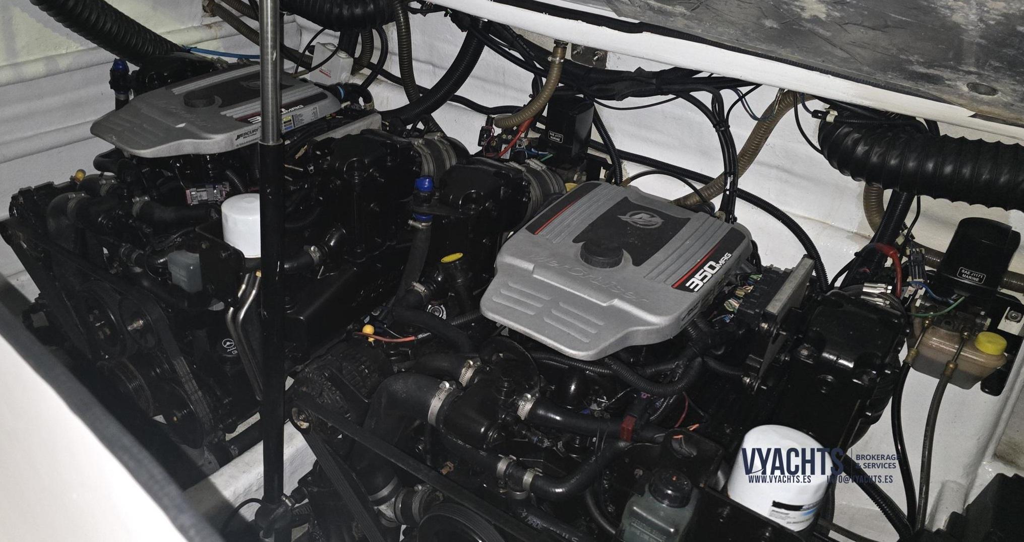Engine compartment of a 2011 Frauscher 1017 GT boat, showcasing dual engines.