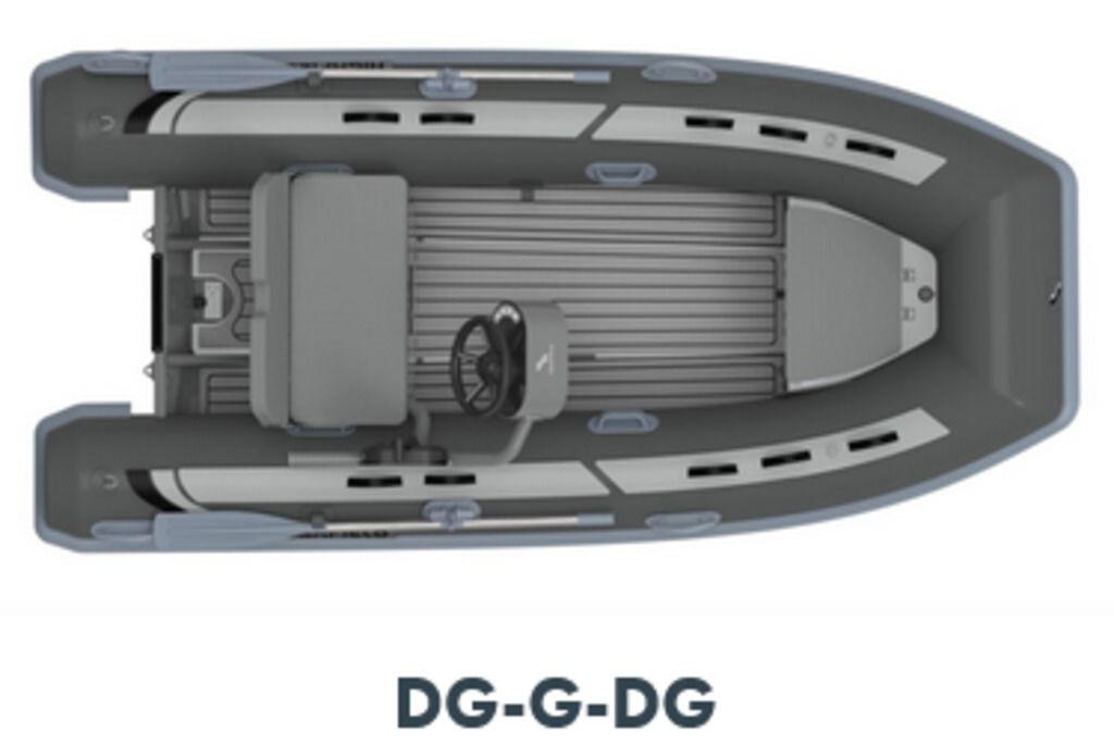 Top view of 2025 Highfield CL360 boat, gray interior, labeled "DG-G-DG".