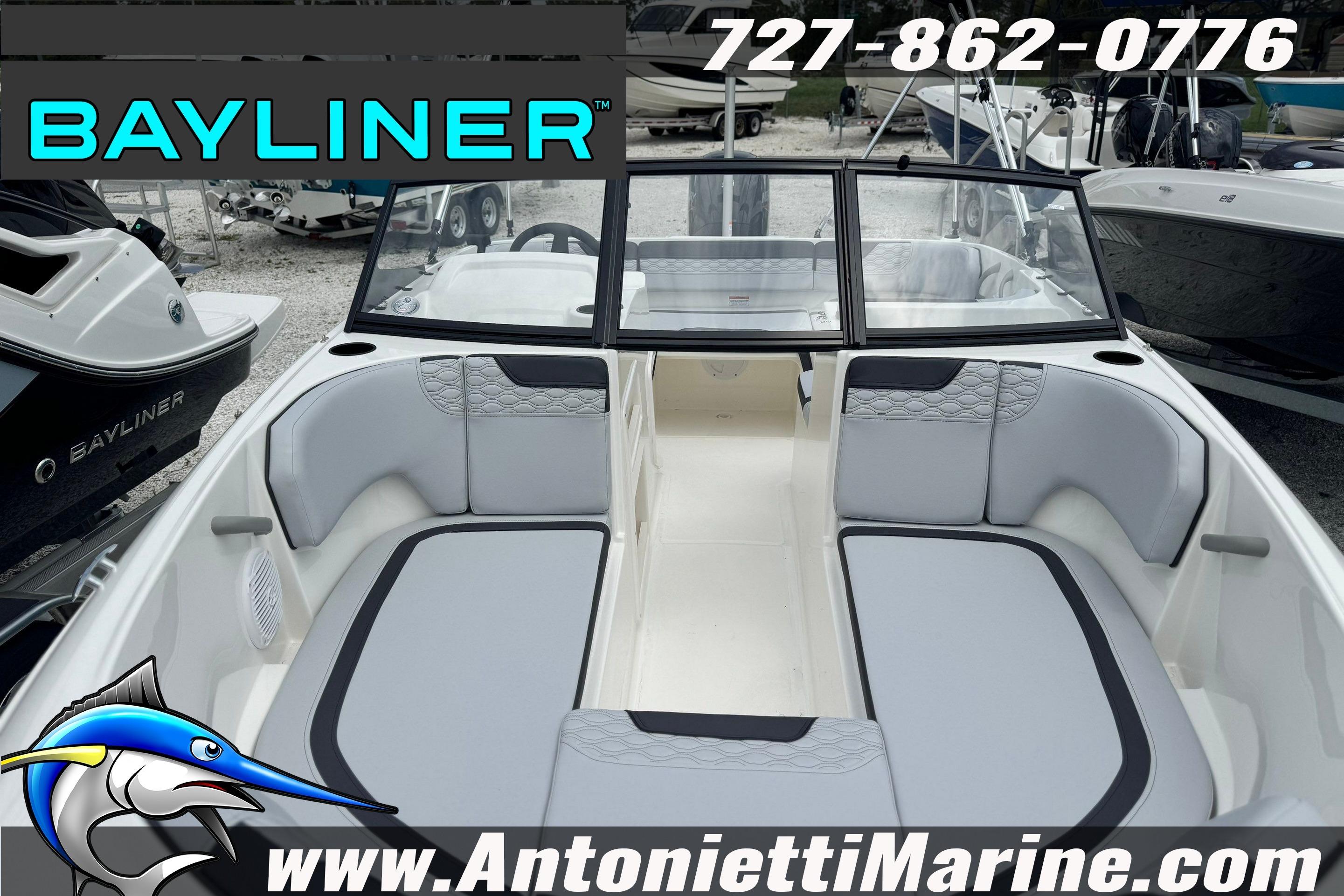 2026 Bayliner Element M17 boat interior with seating, displayed at Antonietti Marine.