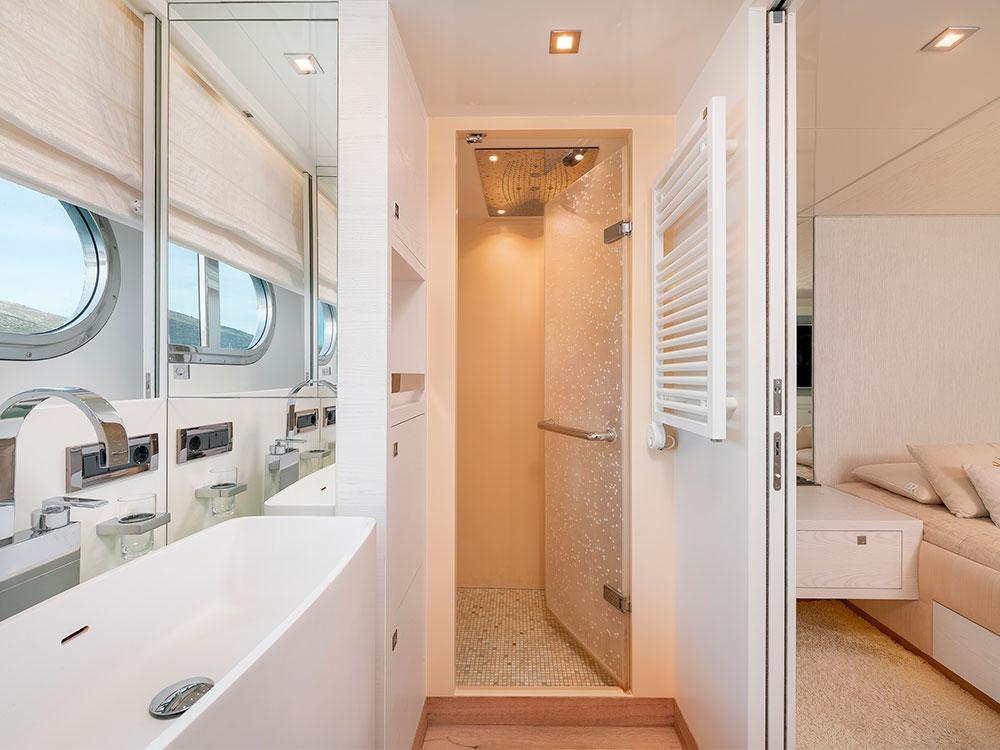 Luxurious bathroom interior on 2012 Horizon Explorer Yacht, featuring modern fixtures and elegant design.