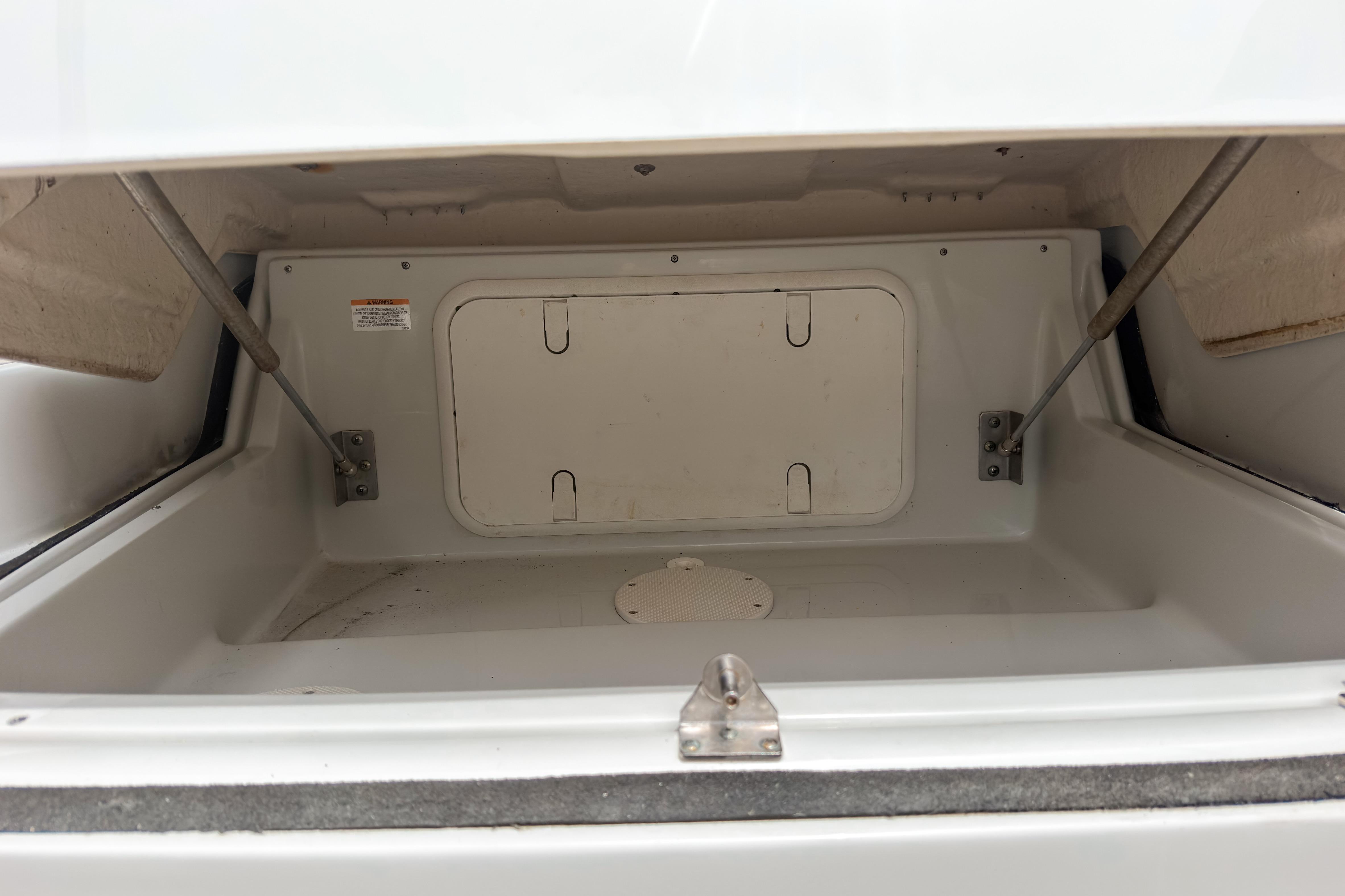 Storage compartment of 2018 Crownline Eclipse E215 XS boat, featuring hydraulic supports.