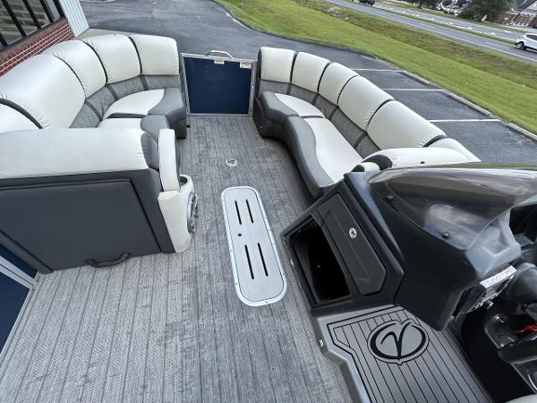 Interior view of a 2020 Veranda VP22VLC pontoon boat with gray seating.