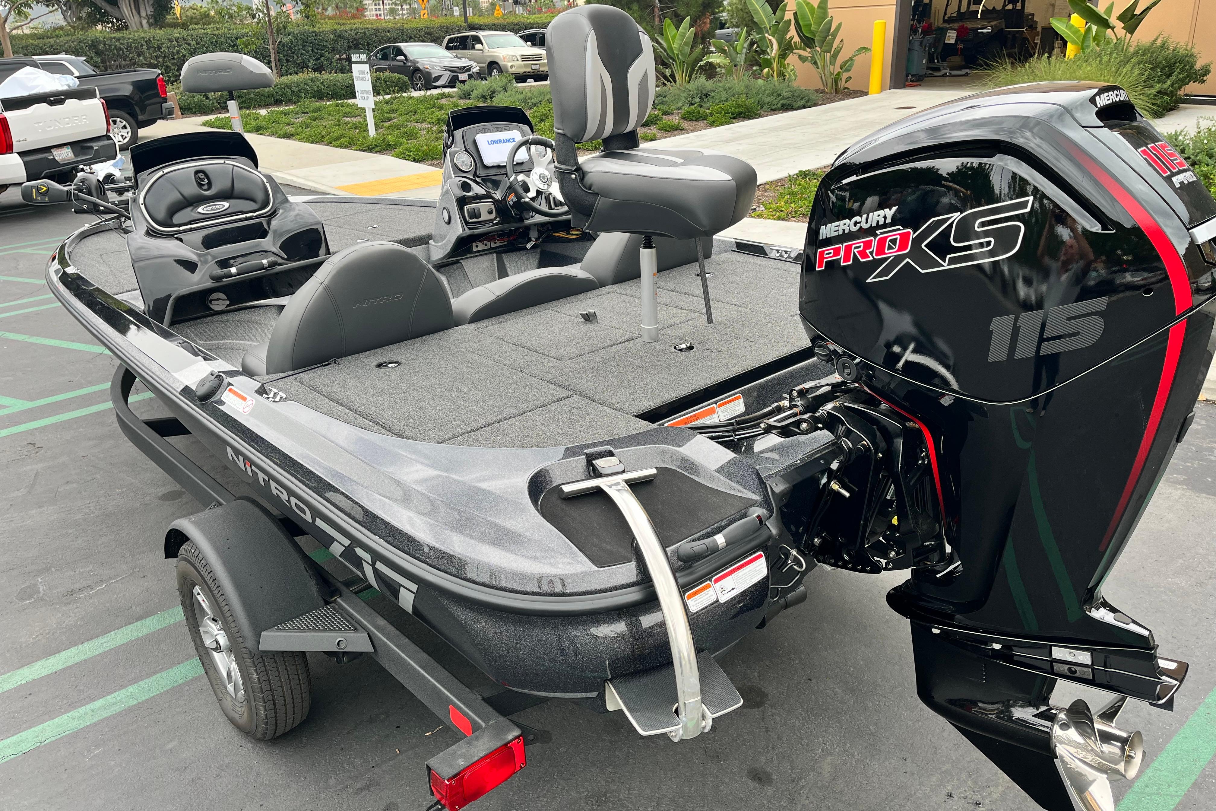 2026 Nitro Z17 boat with Mercury Pro XS 115 engine, parked on a trailer.