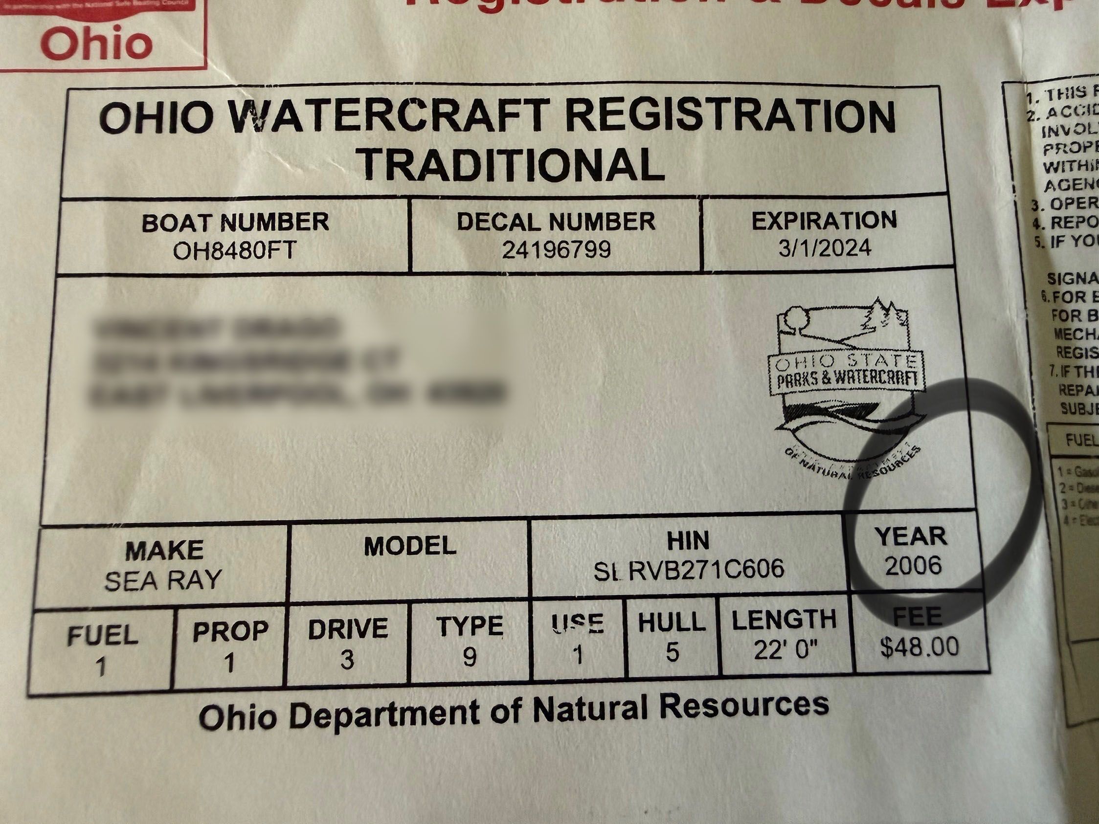 Ohio watercraft registration for Sea Ray 215 Weekender, year 2006.