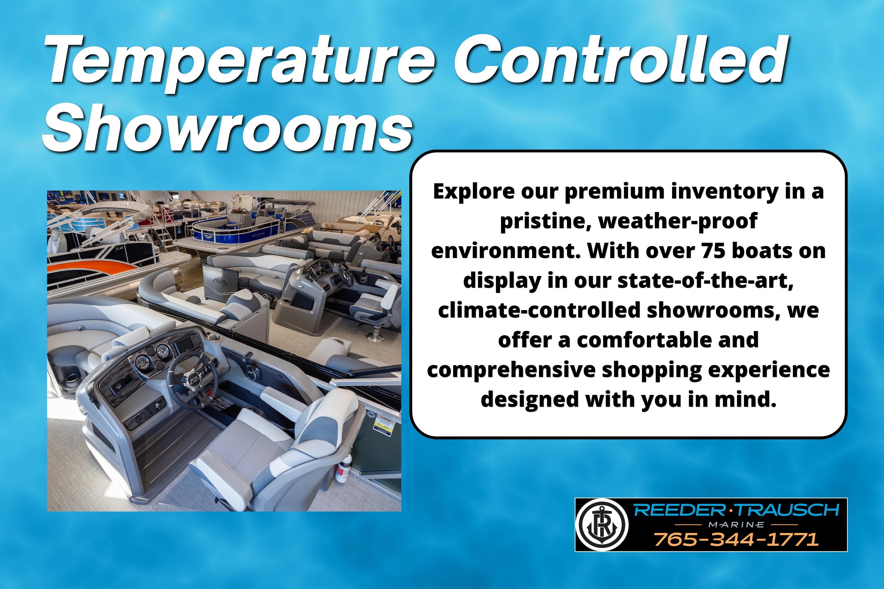 Temperature controlled showroom featuring 2025 Avalon 2585 Excal VRBW boats for sale.