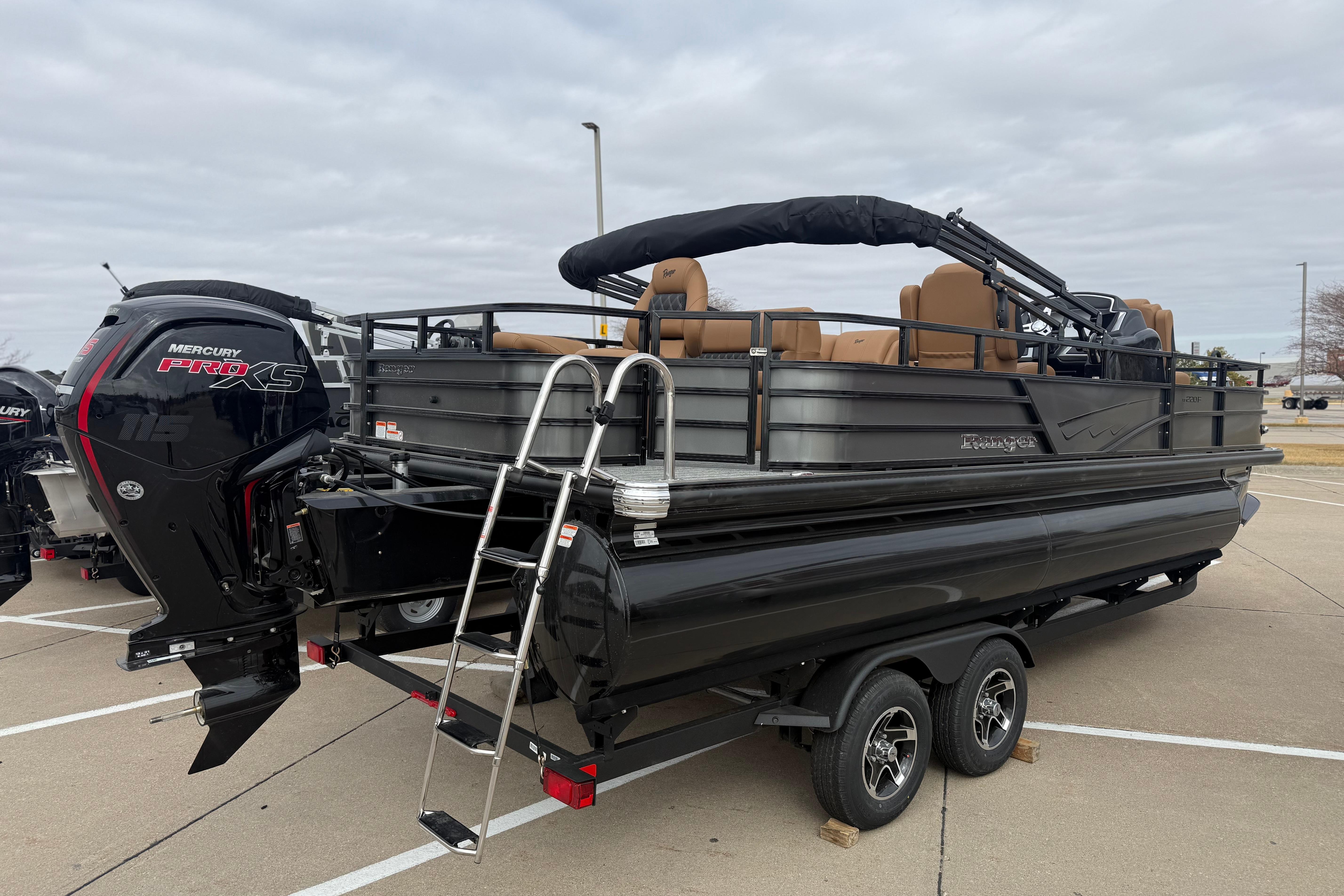 2026 Ranger 220F pontoon boat with Mercury Pro XS engine on trailer.
