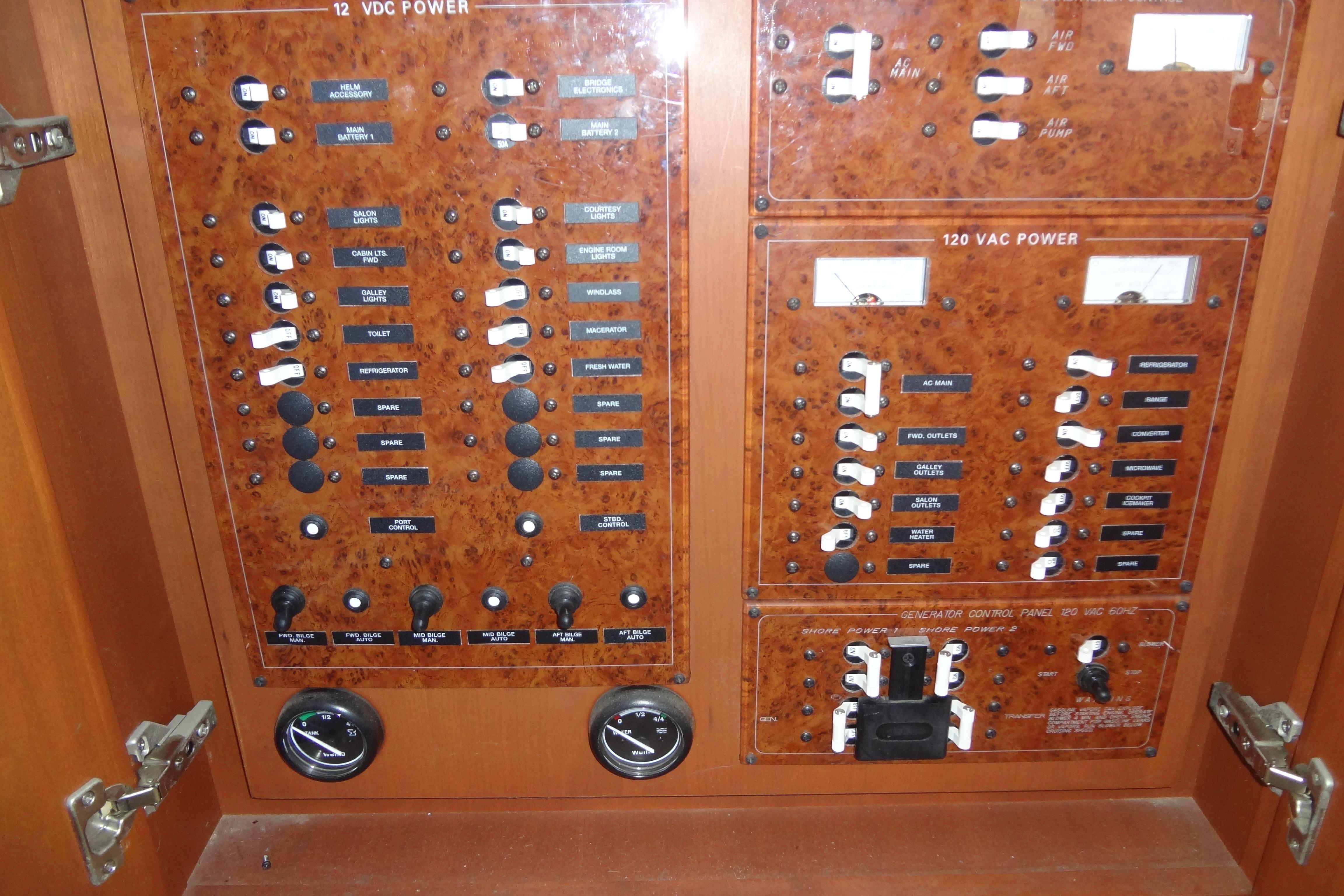 Electrical control panel on a 2005 Silverton 34 Convertible boat.