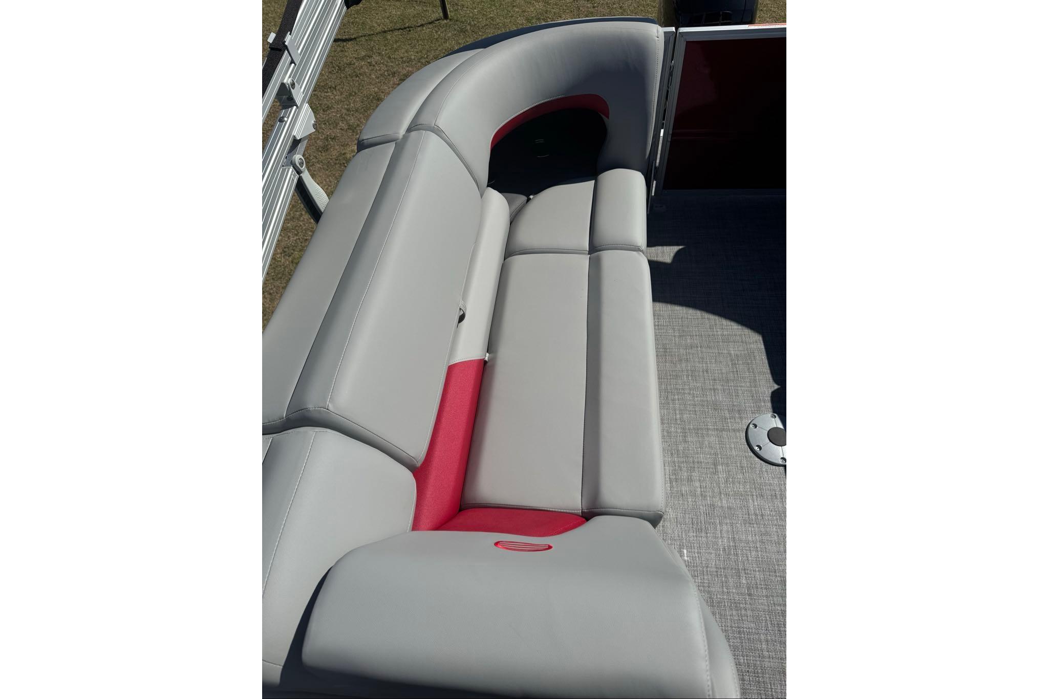 2026 Sun Tracker Party Barge 22 XP3, gray and red seating detail.