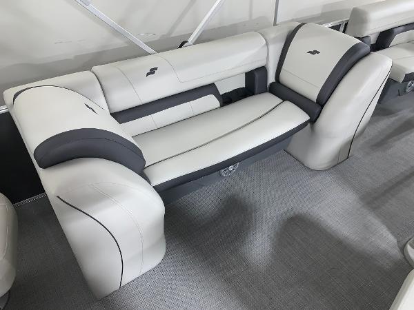 2024 Starcraft EX22 FD boat interior seating with gray and white upholstery.