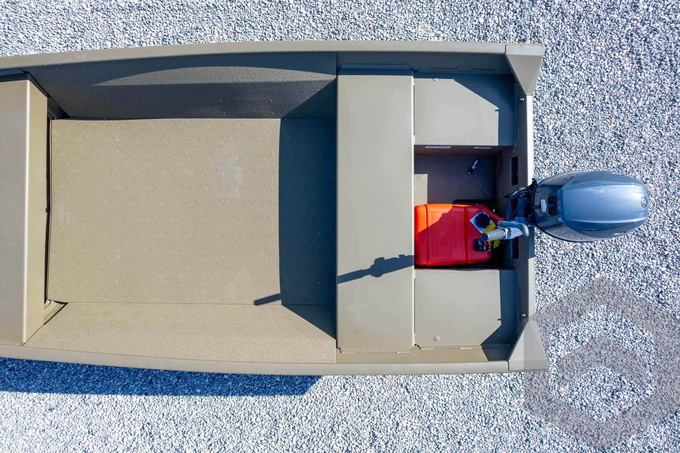 Top view of 2026 G3 Gator Tough 1548 VBW boat on gravel surface.