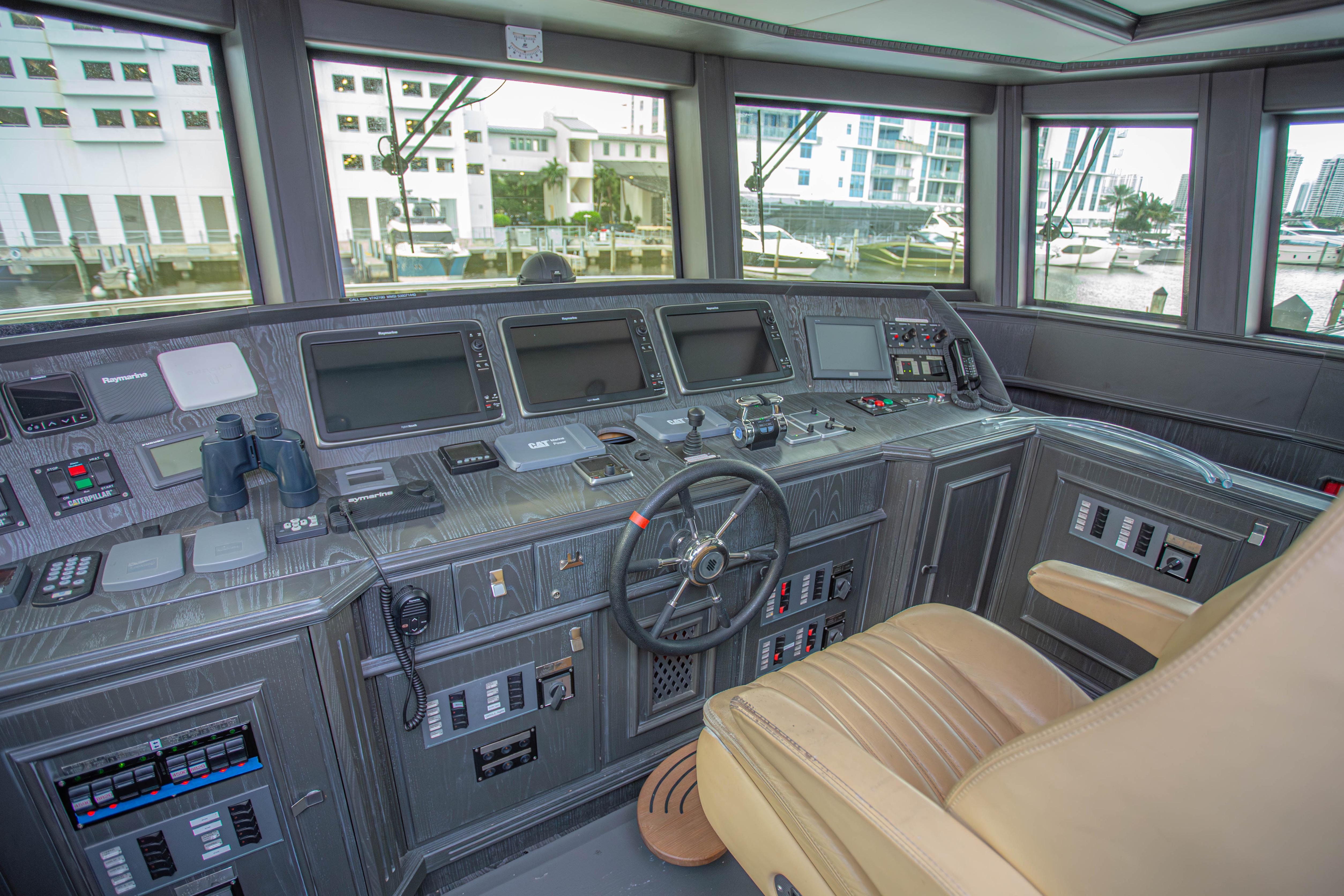 Control room of 2014 Fifth Ocean Yachts 24m Displacement Explorer Yacht, featuring advanced navigation equipment.