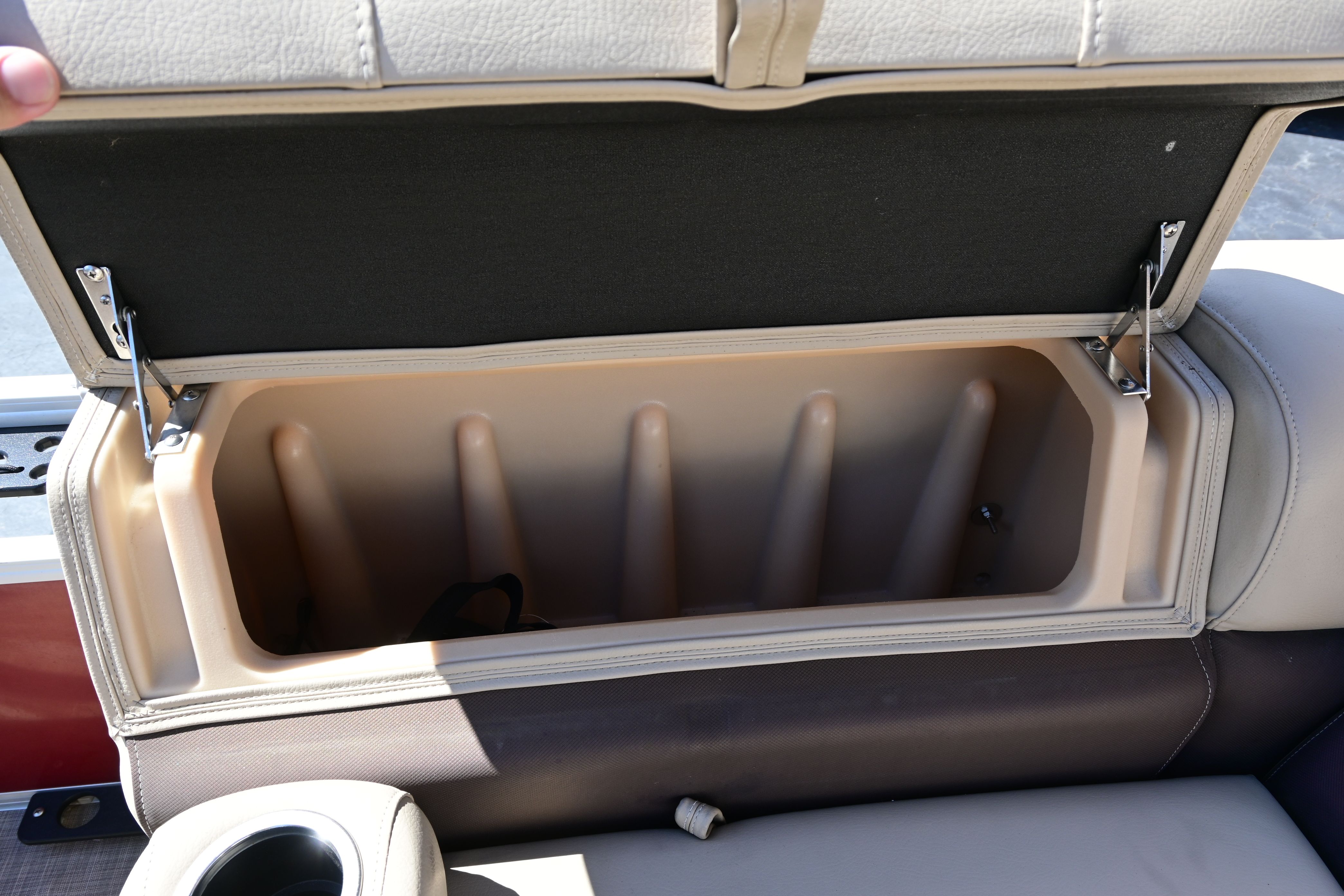 2019 Sun Tracker FISHI boat seat storage open.